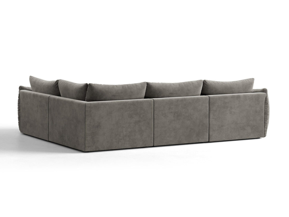 Ecksofa rechts Bloom von Micadoni in leichtem Beige, Veloursstoff Casino Pearl, schwarze Kunststoffbeine, moderne Polstermöbel-Form.