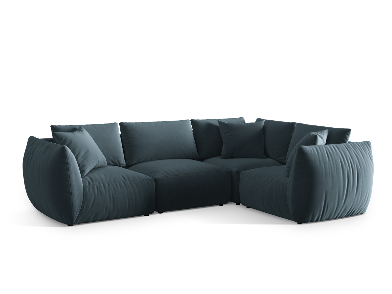 Stylisches Chris Velour Ecksofa rechts in sanftem Pastellblau, perfekt für einladende Wohnzimmer und entspannte Stunden.