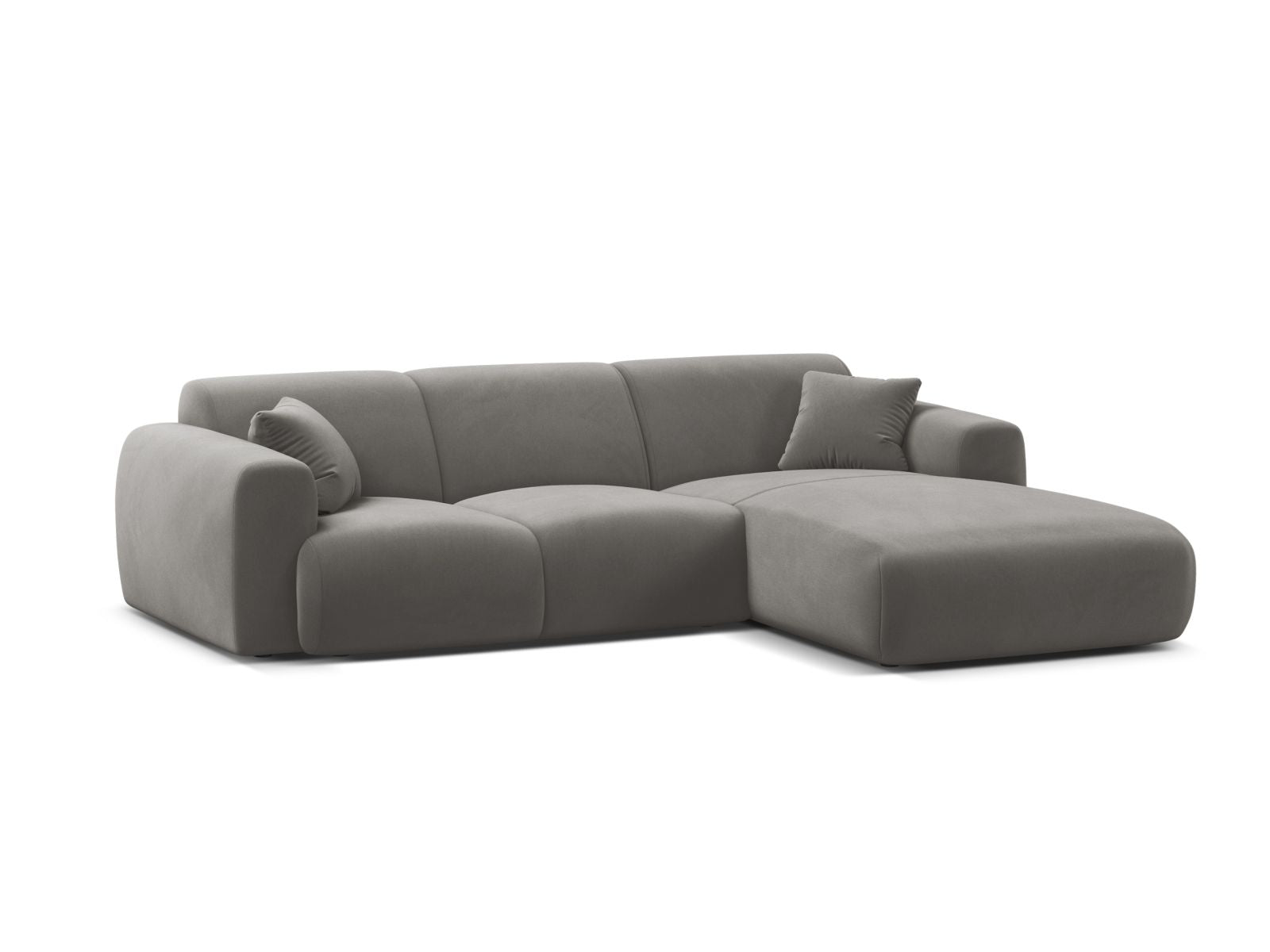 Elegantes Molino Velour Ecksofa rechts, 4-Sitzer in stilvollem Grau, ideal für moderne Wohnräume, erhältlich bei KAQTU Design AG.