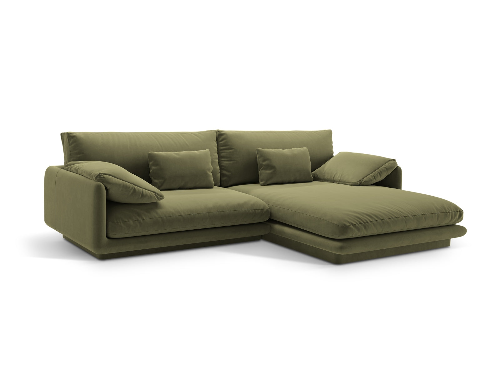 Elegantes Torino Velour Ecksofa in sanftem Grün, ideal für stilvolle Wohnräume. 4-Sitzer L-Sofa von Micadoni, rechtsseitig.
