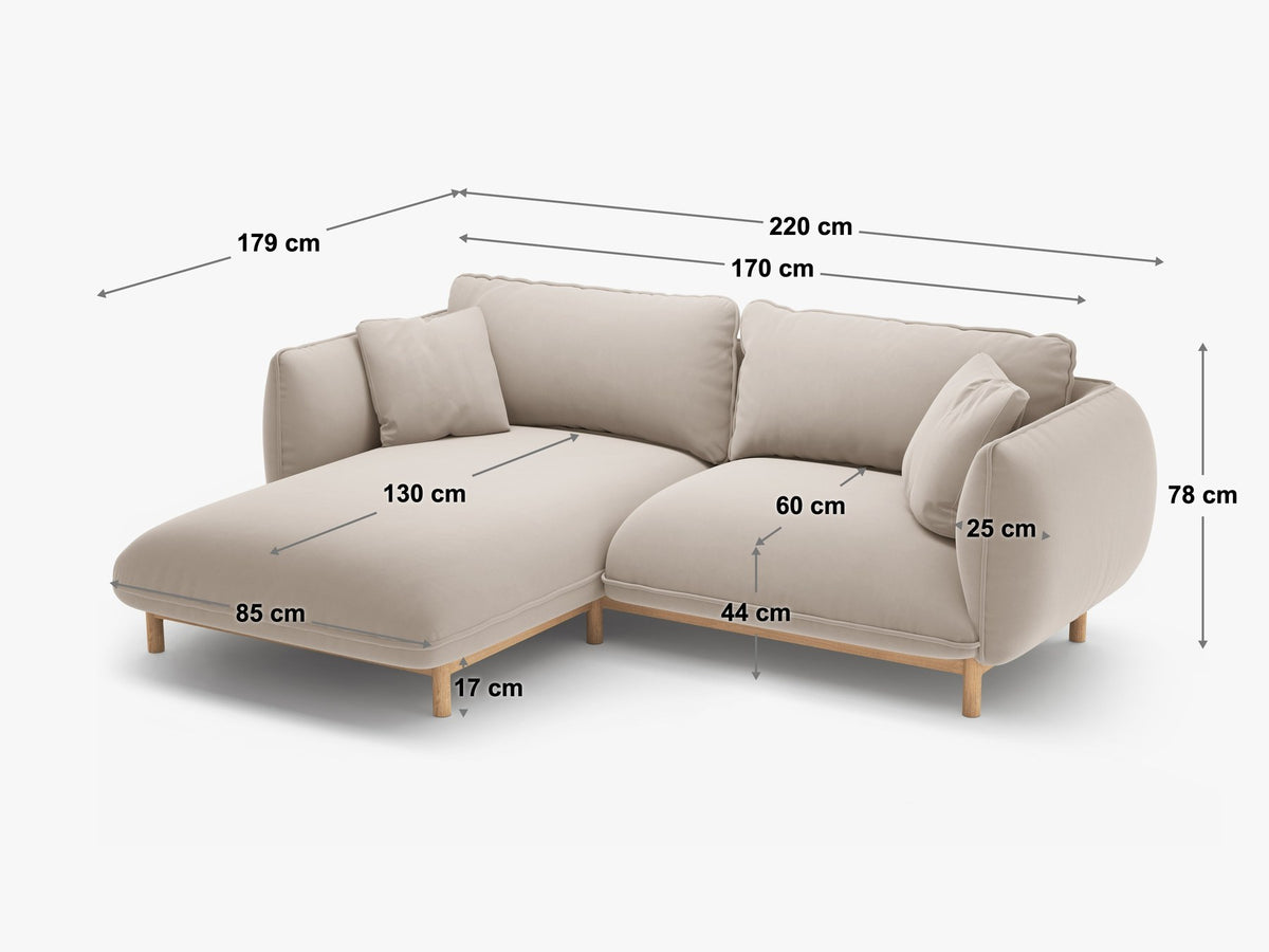 Foto des Ada Linkes Ecksofa von Micadoni in Mandel beige: L-Sofa mit rundem Armlehnen-Design, Buchenholzbeinen und Velours-Bezug Casino Lion.