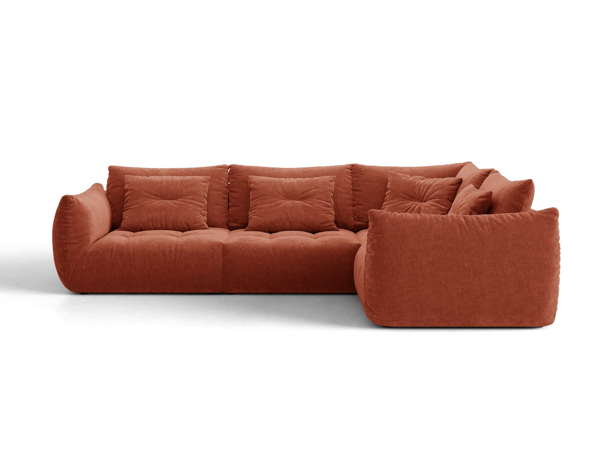 Ecksofa rechts Bloom von Micadoni in leichtem Beige, Veloursstoff Casino Pearl, schwarze Kunststoffbeine, moderne Polstermöbel-Form.