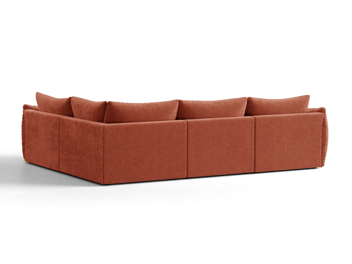 Ecksofa rechts Bloom von Micadoni in leichtem Beige, Veloursstoff Casino Pearl, schwarze Kunststoffbeine, moderne Polstermöbel-Form.