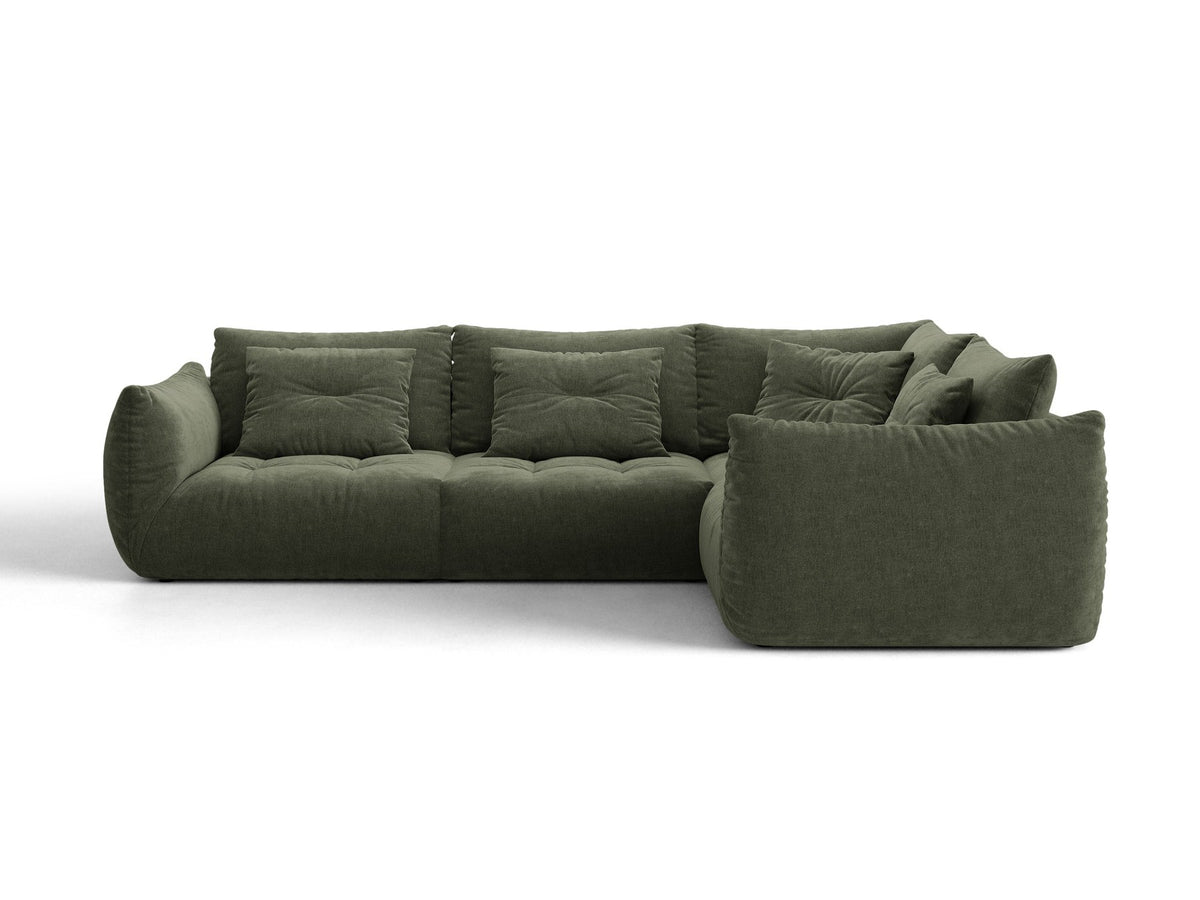 Ecksofa rechts Bloom von Micadoni in leichtem Beige, Veloursstoff Casino Pearl, schwarze Kunststoffbeine, moderne Polstermöbel-Form.