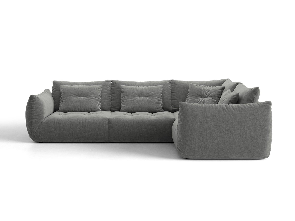 Ecksofa rechts Bloom von Micadoni in leichtem Beige, Veloursstoff Casino Pearl, schwarze Kunststoffbeine, moderne Polstermöbel-Form.