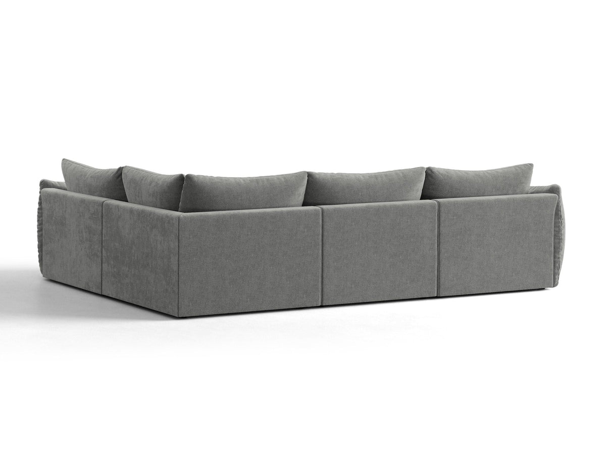 Ecksofa rechts Bloom von Micadoni in leichtem Beige, Veloursstoff Casino Pearl, schwarze Kunststoffbeine, moderne Polstermöbel-Form.