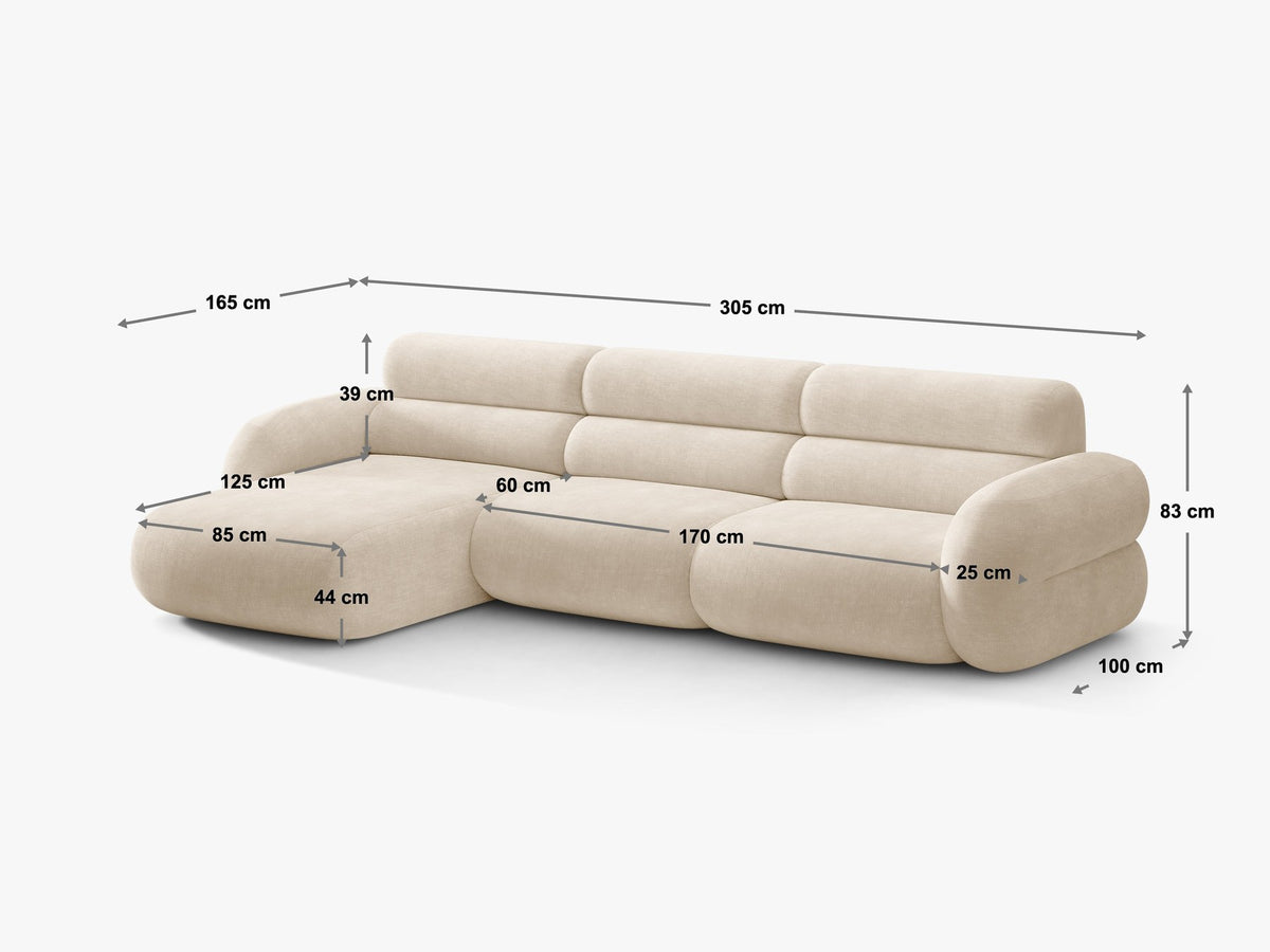 Neo Linkes Ecksofa von Micadoni in dunklem Olivgrün, L-Form mit hoher Rückenlehne, strukturiertem Baloo-Stoff und schwarzen Kunststoffbeinen.