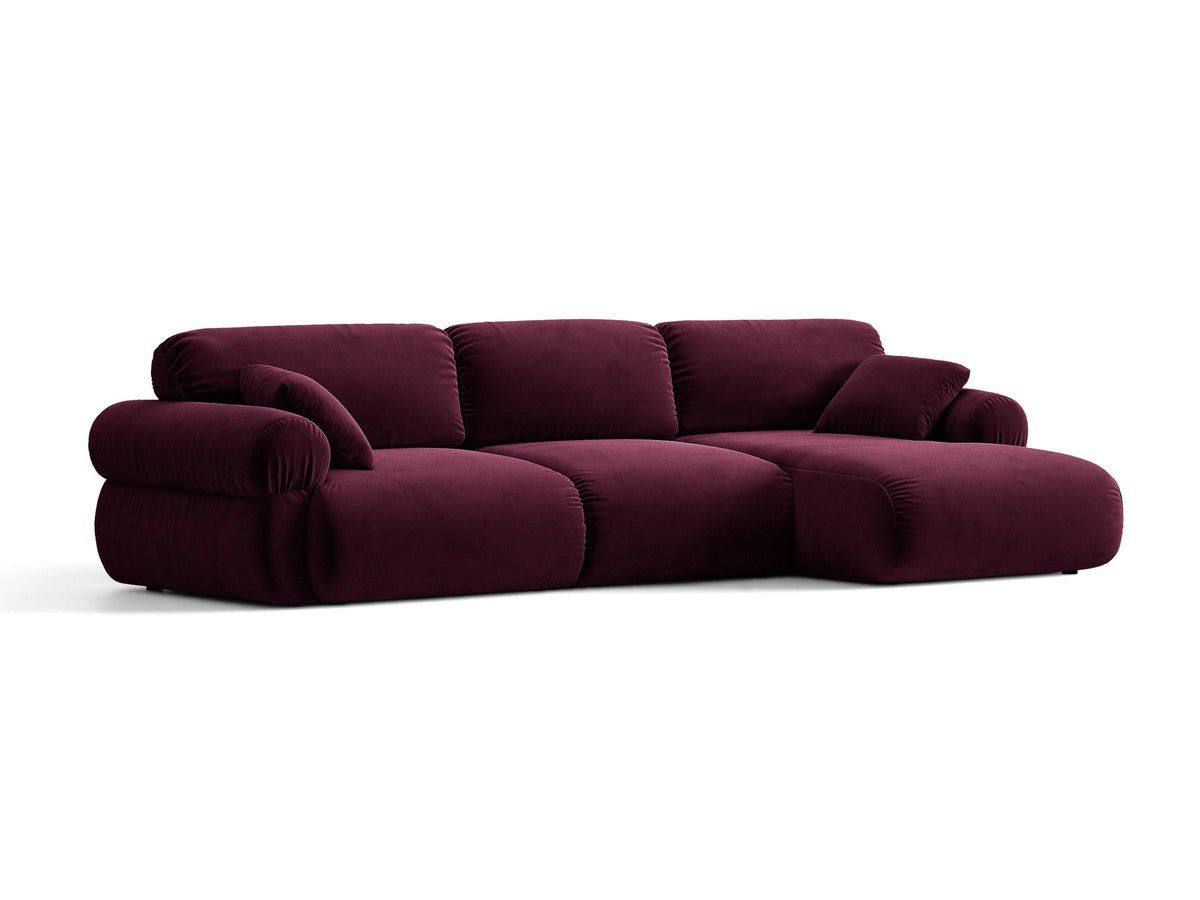 Beiges L-förmiges Ecksofa Ophelia von Micadoni mit Liberty-Stoffbezug, schwarzen Kunststoffbeinen und niedriger Rückenlehne, Ausrichtung rechts.