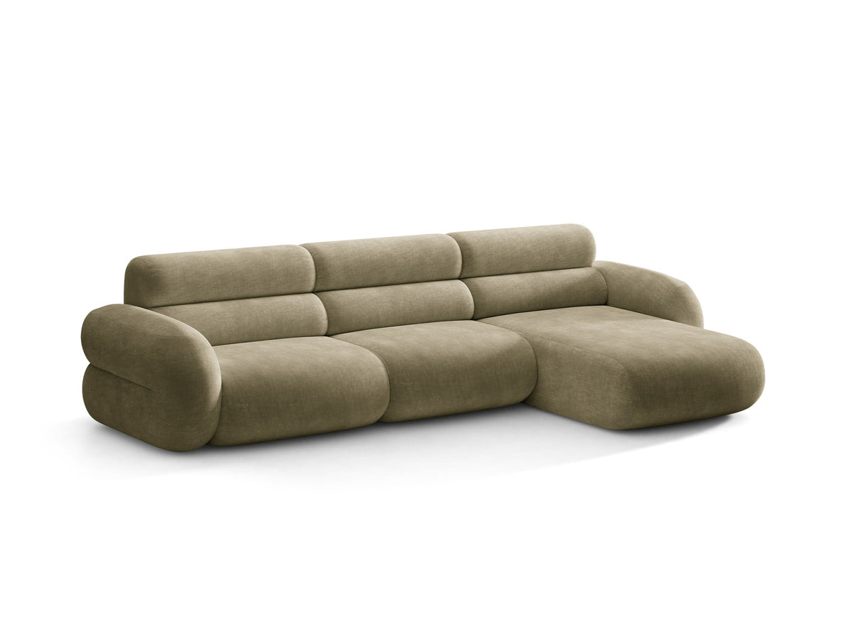 Neo Linkes Ecksofa von Micadoni in dunklem Olivgrün, L-Form mit hoher Rückenlehne, strukturiertem Baloo-Stoff und schwarzen Kunststoffbeinen.