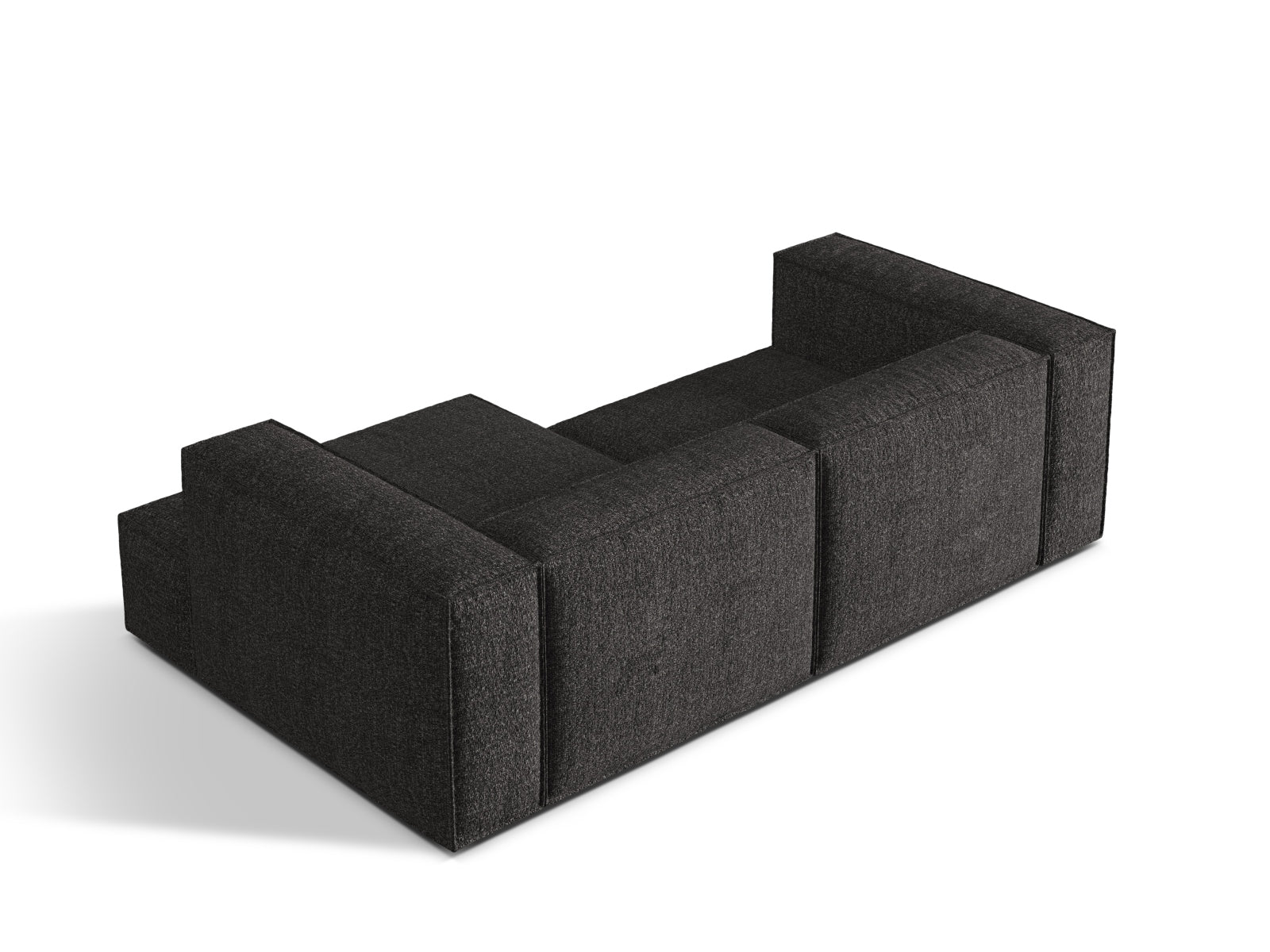 Elegantes Nuria Boucle Ecksofa in stilvollem Anthrazit, ideal für entspannte Abende im Wohnzimmer. Flexibles 3-Sitzer-Modell von Micadoni.
