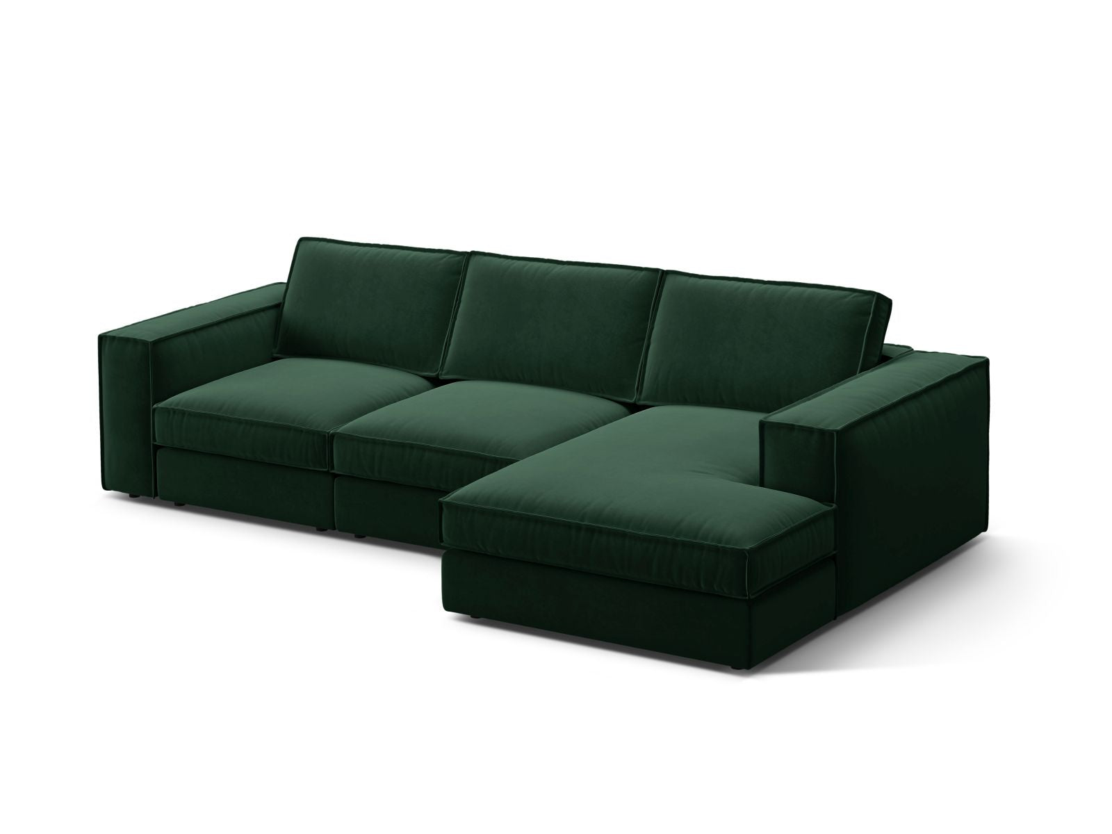 Elegantes 3-Sitzer Ecksofa Pola in Flaschengrün, modular und rechtsseitig, ideal für stilvolle Wohnräume.