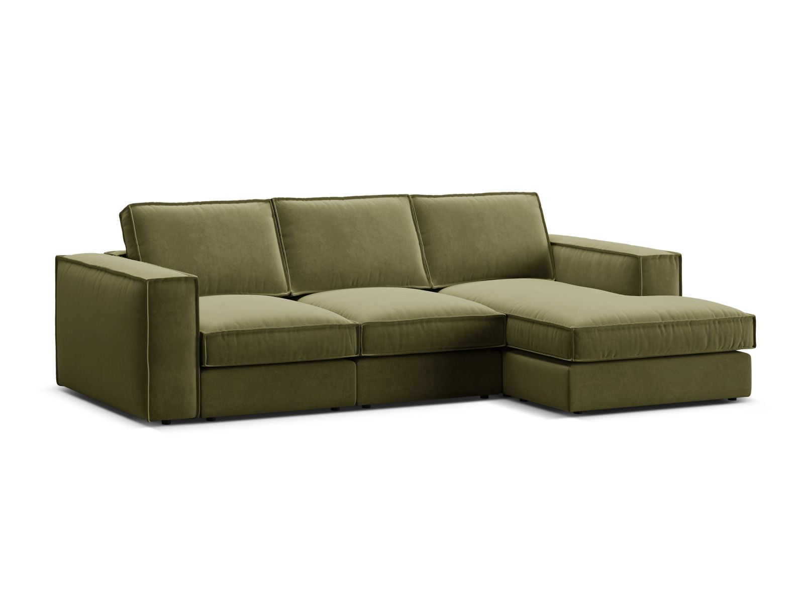 Elegantes 3-Sitzer Ecksofa Pola in stilvollem Grün, rechtsseitig, ideal für stilvolle Wohnräume und entspannte Stunden.