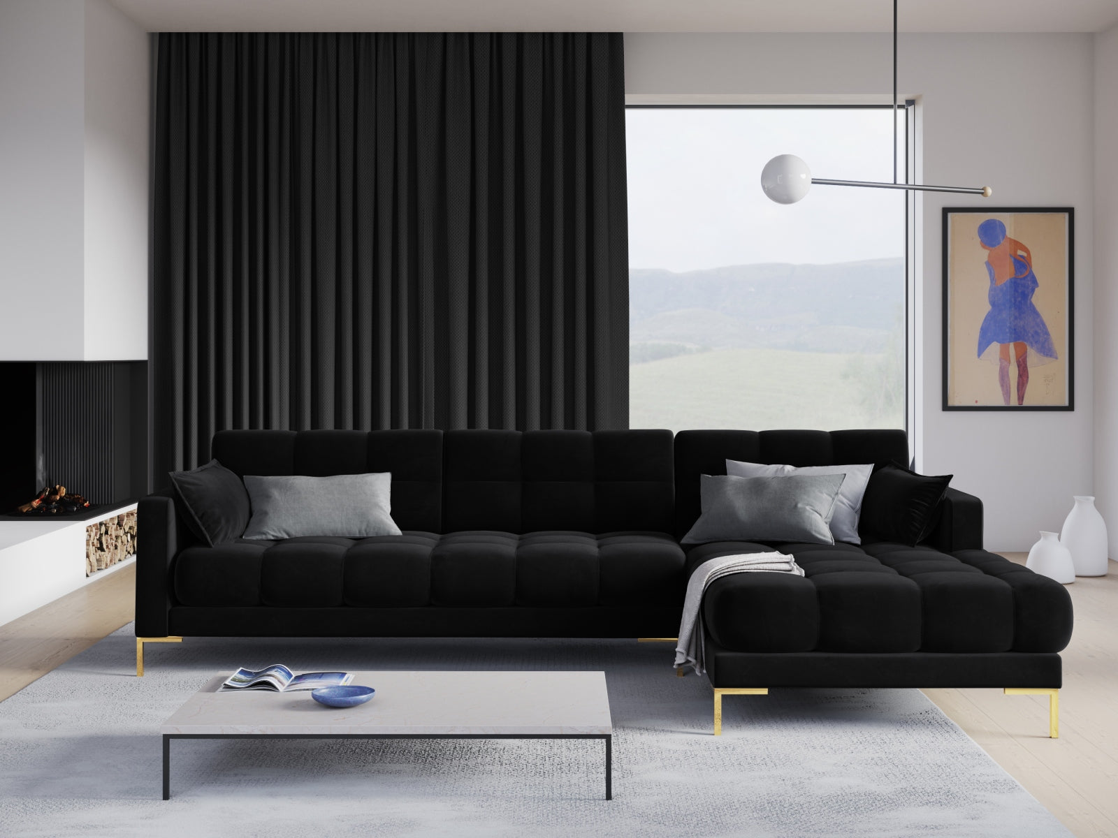 Mamaia Velour Ecksofa rechts 5 Sitzer in Black/Gold präsentiert im Onlineshop von KAQTU Design AG. Ecksofa rechts ist von Micadoni