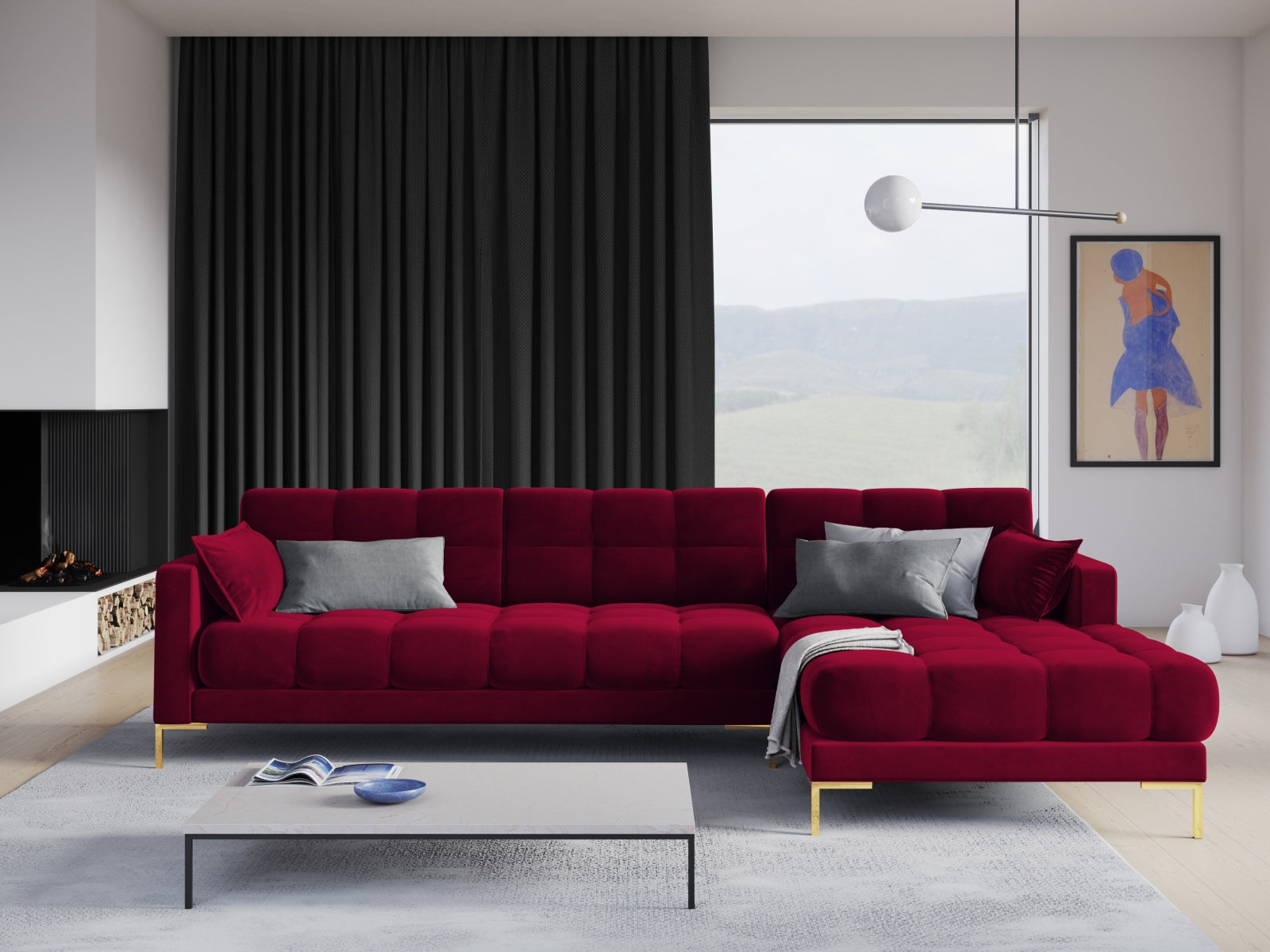 Mamaia Velour Ecksofa rechts 5 Sitzer in Red/Gold präsentiert im Onlineshop von KAQTU Design AG. Ecksofa rechts ist von Micadoni