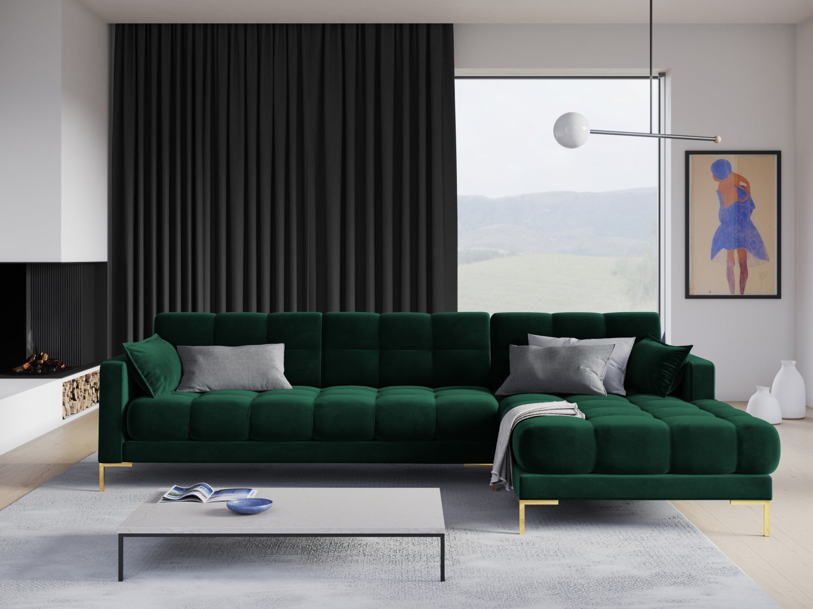 Mamaia Velour Ecksofa rechts 5 Sitzer in Bottle Green/Gold präsentiert im Onlineshop von KAQTU Design AG. Ecksofa rechts ist von Micadoni