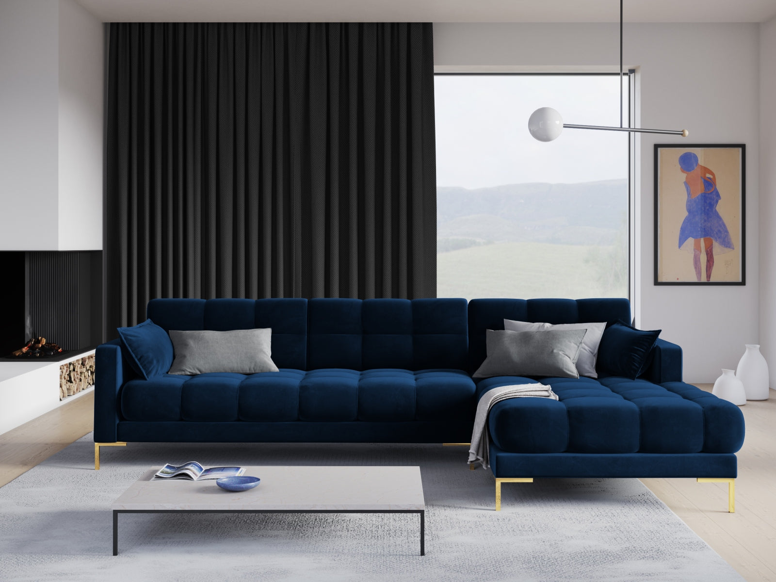 Mamaia Velour Ecksofa rechts 5 Sitzer in Royal Blue/Gold präsentiert im Onlineshop von KAQTU Design AG. Ecksofa rechts ist von Micadoni