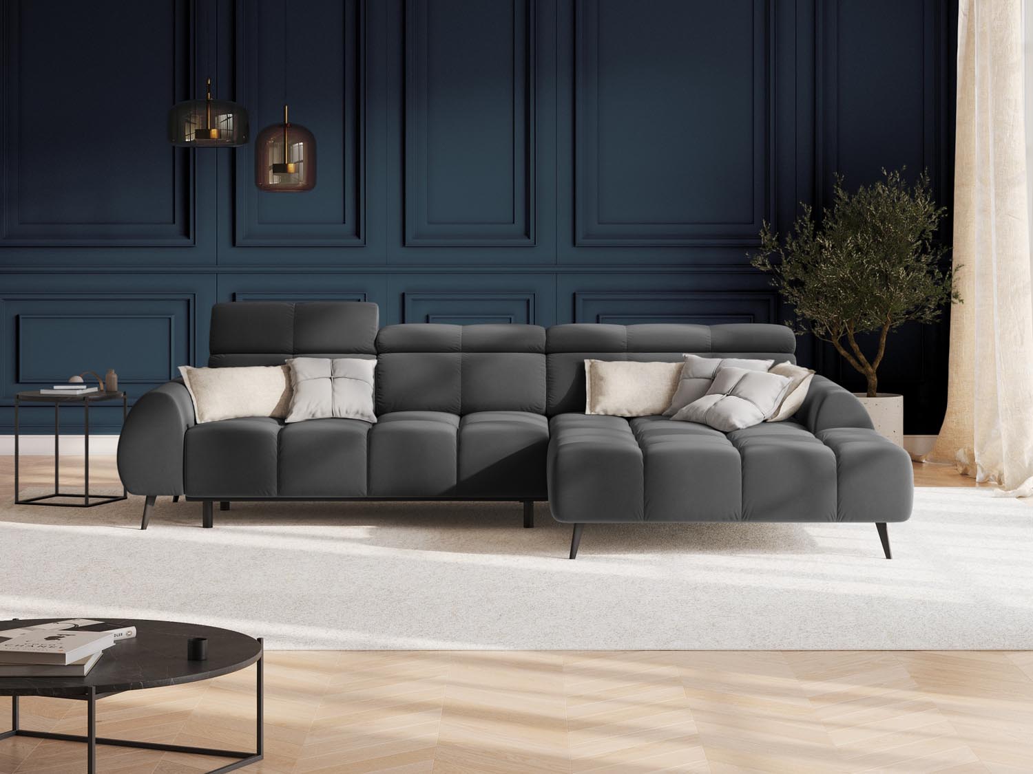 Erleben Sie das Alyse Velour Electric Ecksofa rechts von Micadoni – ein elegantes 5-Sitzer Sofa, das modernen Stil und höchsten Komfort vereint.