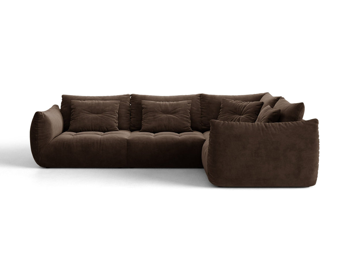 Ecksofa rechts Bloom von Micadoni in leichtem Beige, Veloursstoff Casino Pearl, schwarze Kunststoffbeine, moderne Polstermöbel-Form.
