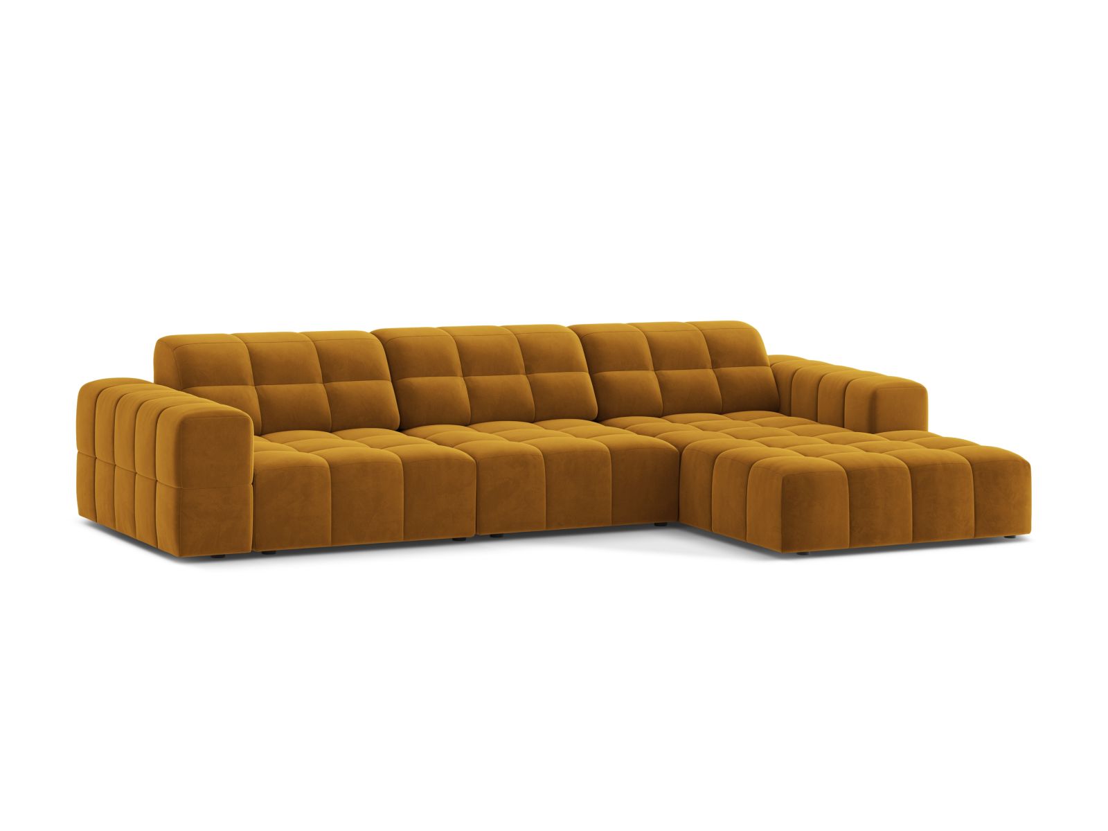 Modernes 4-Sitzer Ecksofa rechts Jennifer in stilvollem Yellow-Bluvel, ideal für gemütliche Wohnräume und entspannte Abende.