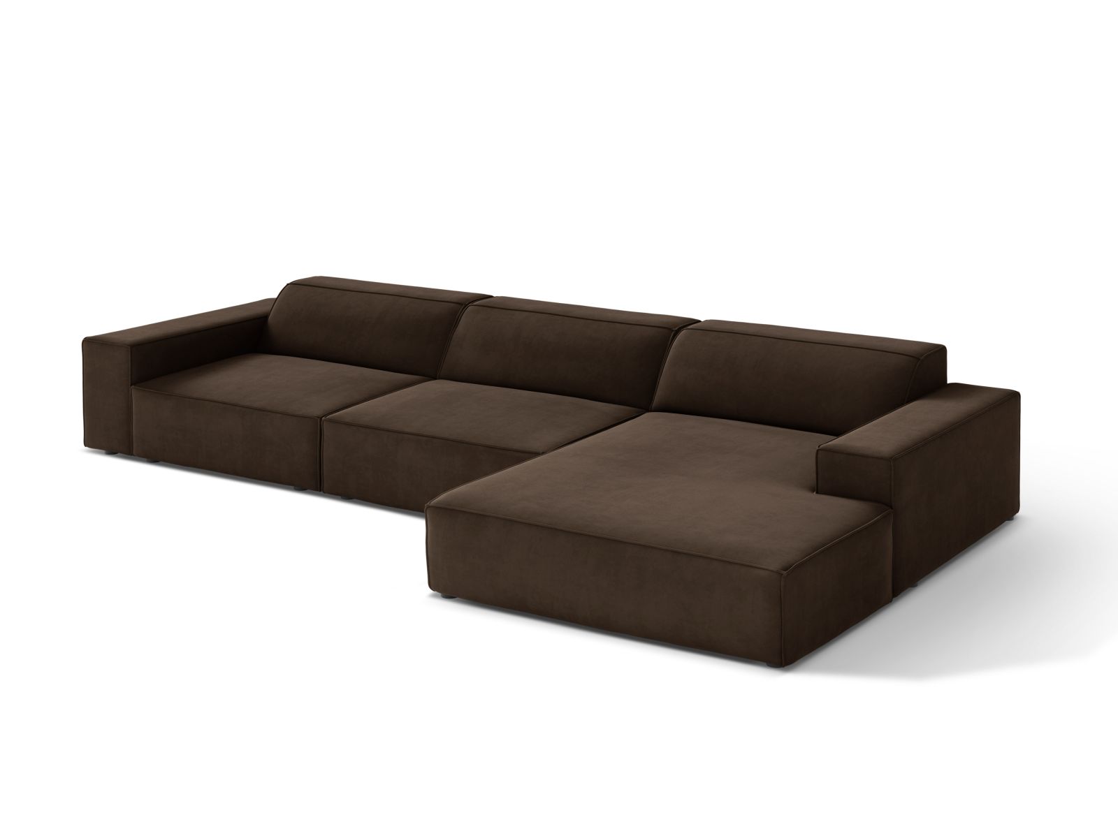 Elegantes, modulares Ecksofa Jodie in Velours, rechtsseitig, 4-Sitzer in dunklem Braun, ideal für stilvolle Wohnräume.