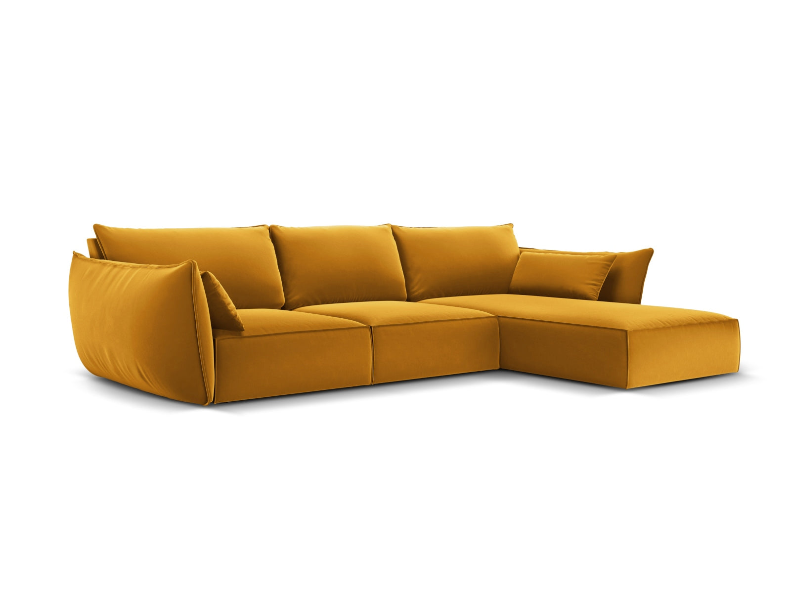 Elegantes Kaelle Velour Ecksofa in Gelb-Blau, 4-Sitzer, ideal für stilvolle Wohnräume, präsentiert von Micadoni.