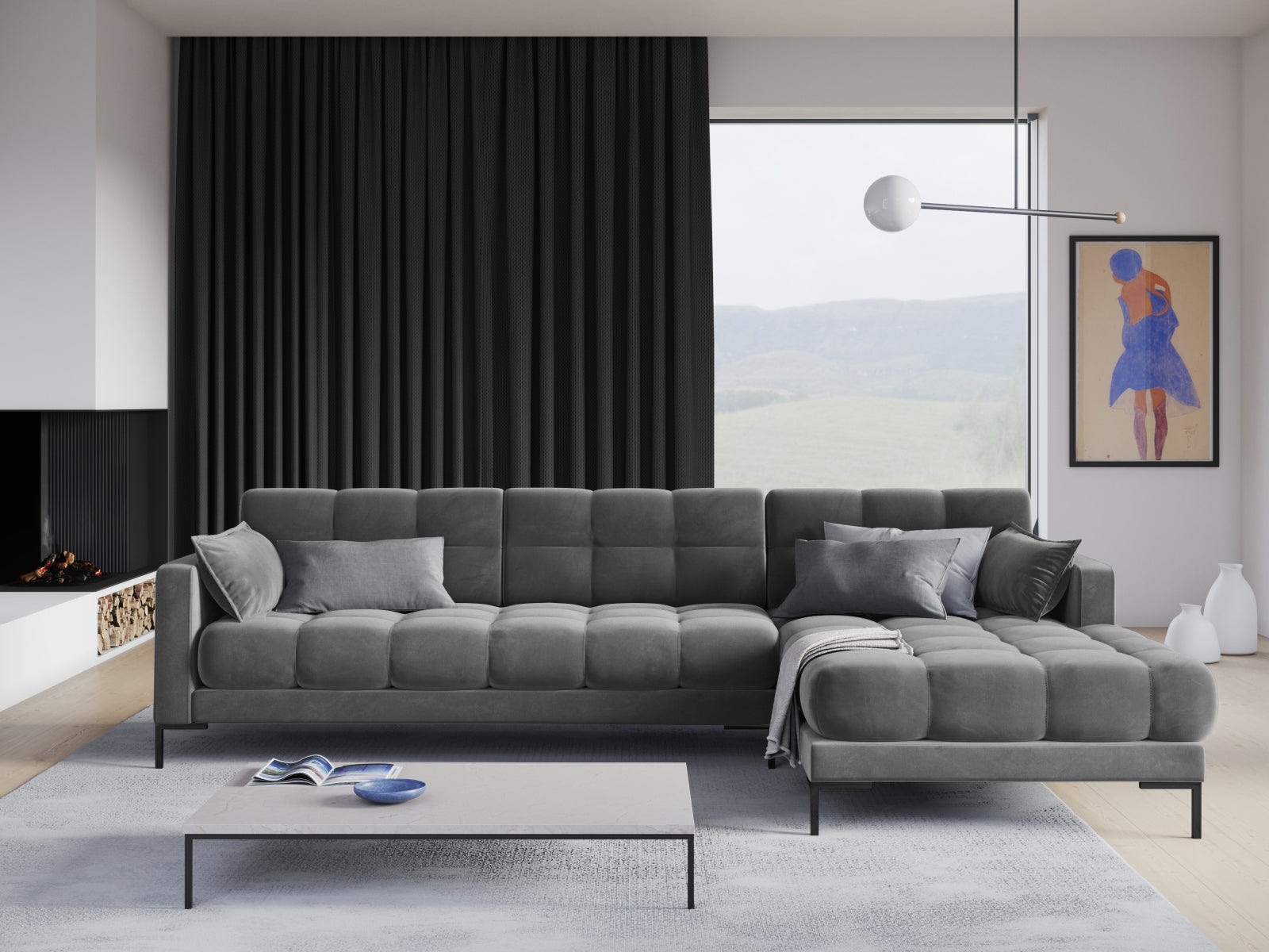 Mamaia Velour Ecksofa rechts 5 Sitzer in Light Grey/Schwarz präsentiert im Onlineshop von KAQTU Design AG. Ecksofa rechts ist von Micadoni