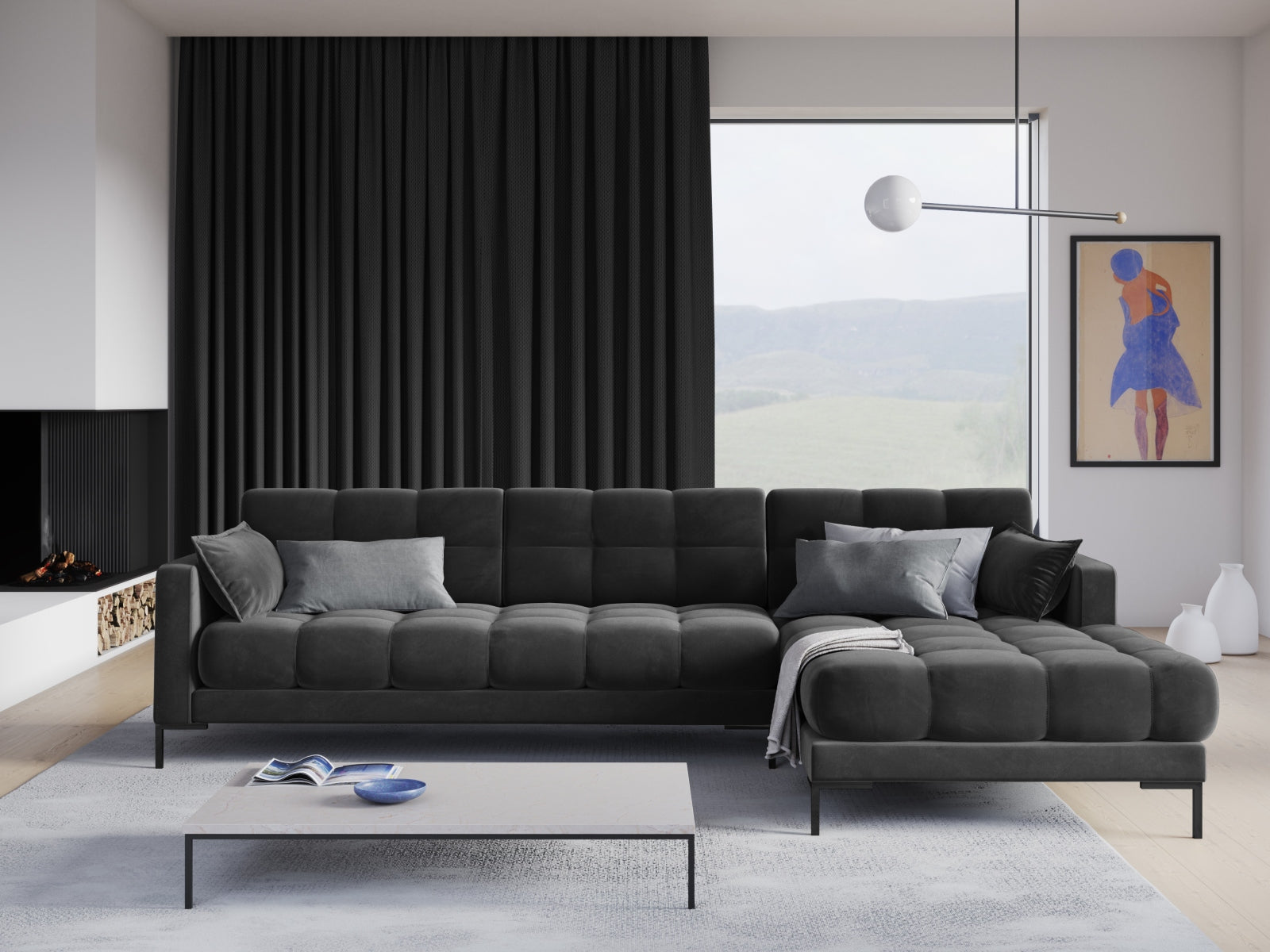 Mamaia Velour Ecksofa rechts 5 Sitzer in Dark Grey/Schwarz präsentiert im Onlineshop von KAQTU Design AG. Ecksofa rechts ist von Micadoni