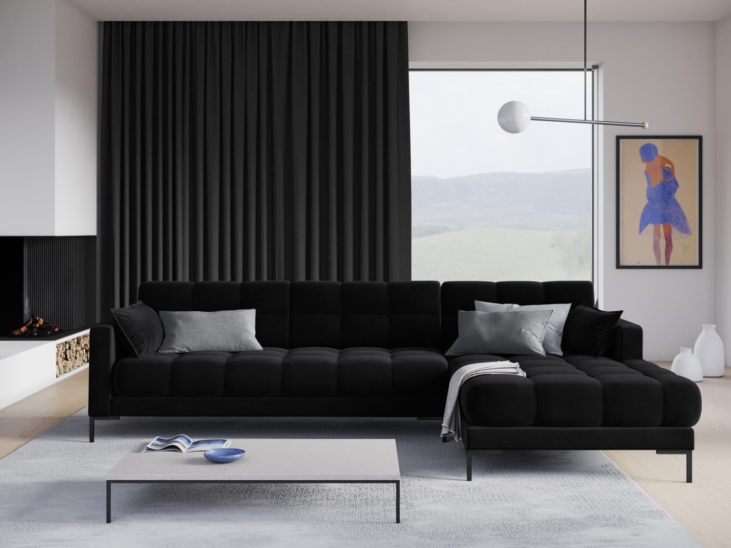 Elegantes Mamaia Velour Ecksofa in Schwarz, 5-Sitzer, ideal für stilvolle Wohnräume. Hochwertige Verarbeitung von Micadoni.