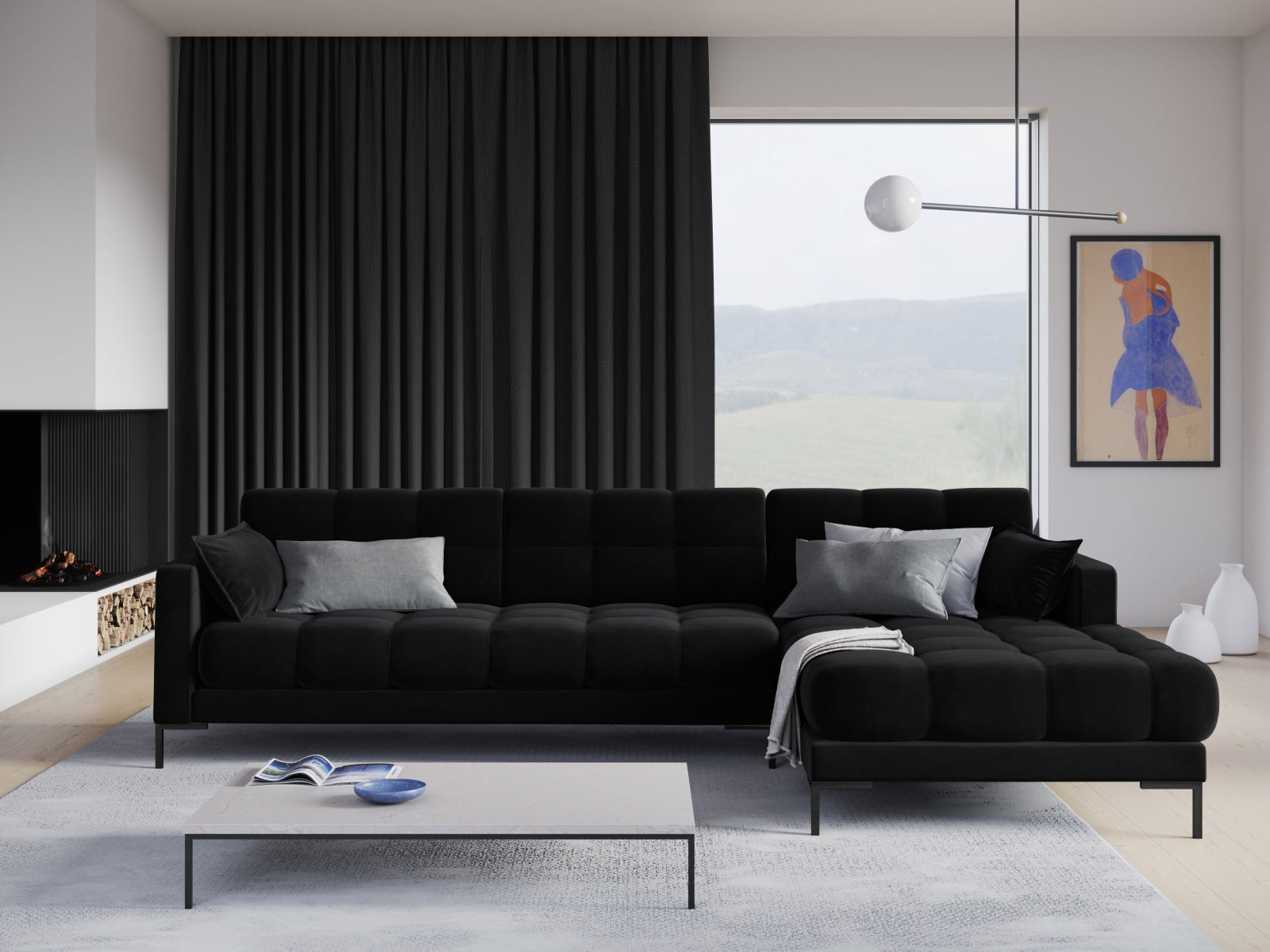 Mamaia Velour Ecksofa rechts 5 Sitzer in Black/Schwarz präsentiert im Onlineshop von KAQTU Design AG. Ecksofa rechts ist von Micadoni