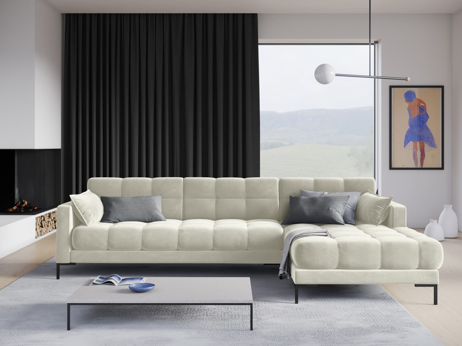 Mamaia Velour Ecksofa rechts 5 Sitzer in Light Beige/Schwarz präsentiert im Onlineshop von KAQTU Design AG. Ecksofa rechts ist von Micadoni