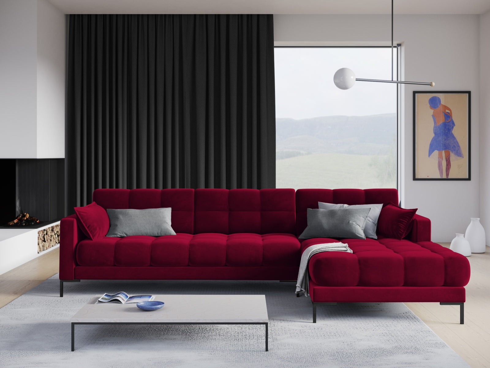 Mamaia Velour Ecksofa rechts 5 Sitzer in Red/Schwarz präsentiert im Onlineshop von KAQTU Design AG. Ecksofa rechts ist von Micadoni