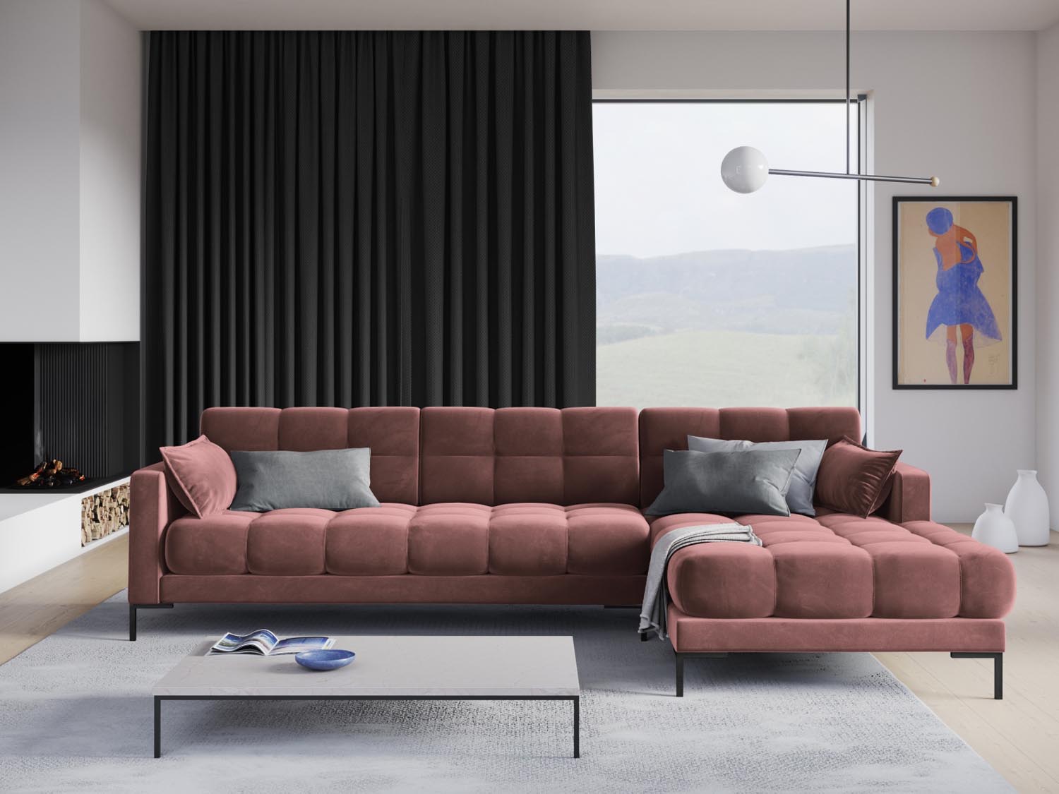 Elegantes Mamaia Velour Ecksofa in Pink und Schwarz, ideal für stilvolle Wohnräume. Komfortables 5-Sitzer Design von Micadoni.