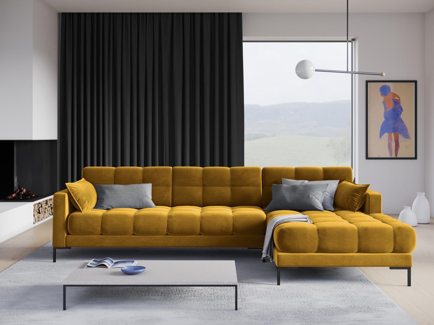 Elegantes Mamaia Velour Ecksofa in Gelb und Schwarz, ideal für stilvolle Wohnräume. Komfortables 5-Sitzer Design von Micadoni.