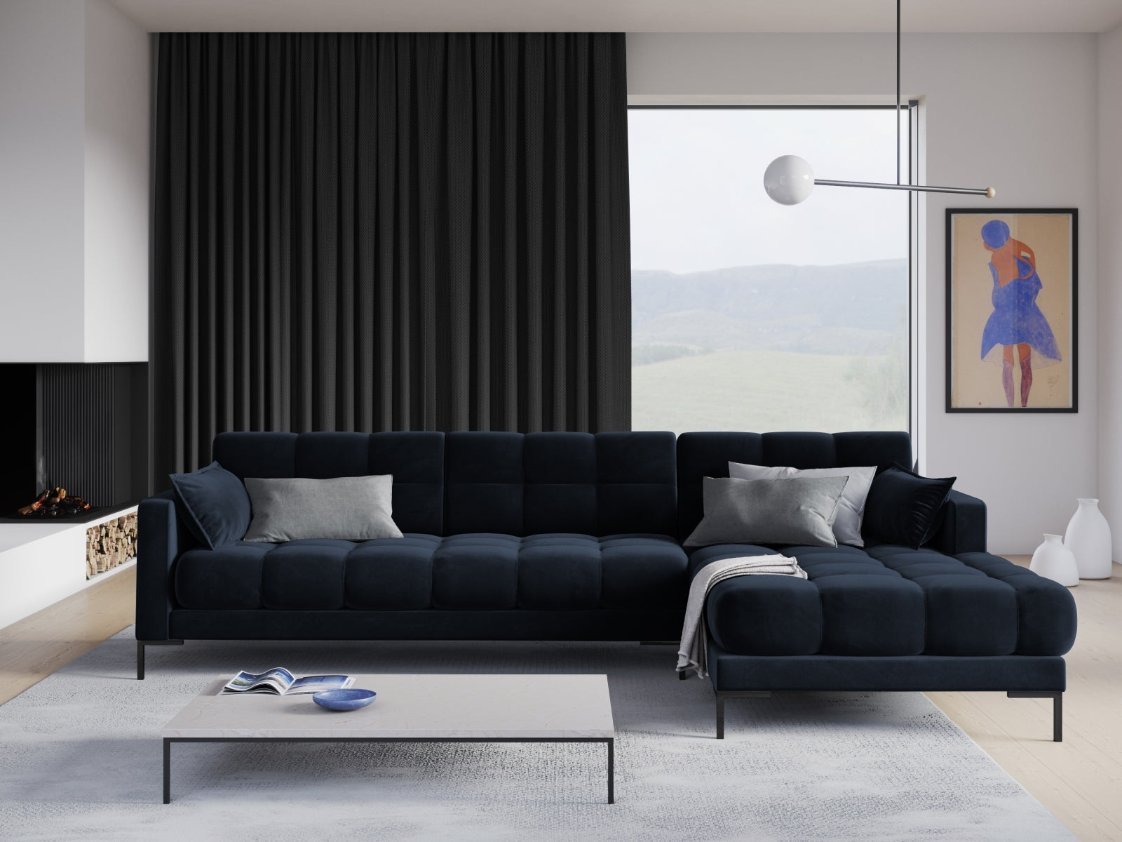 Mamaia Velour Ecksofa rechts 5 Sitzer in Dark Blue/Schwarz präsentiert im Onlineshop von KAQTU Design AG. Ecksofa rechts ist von Micadoni