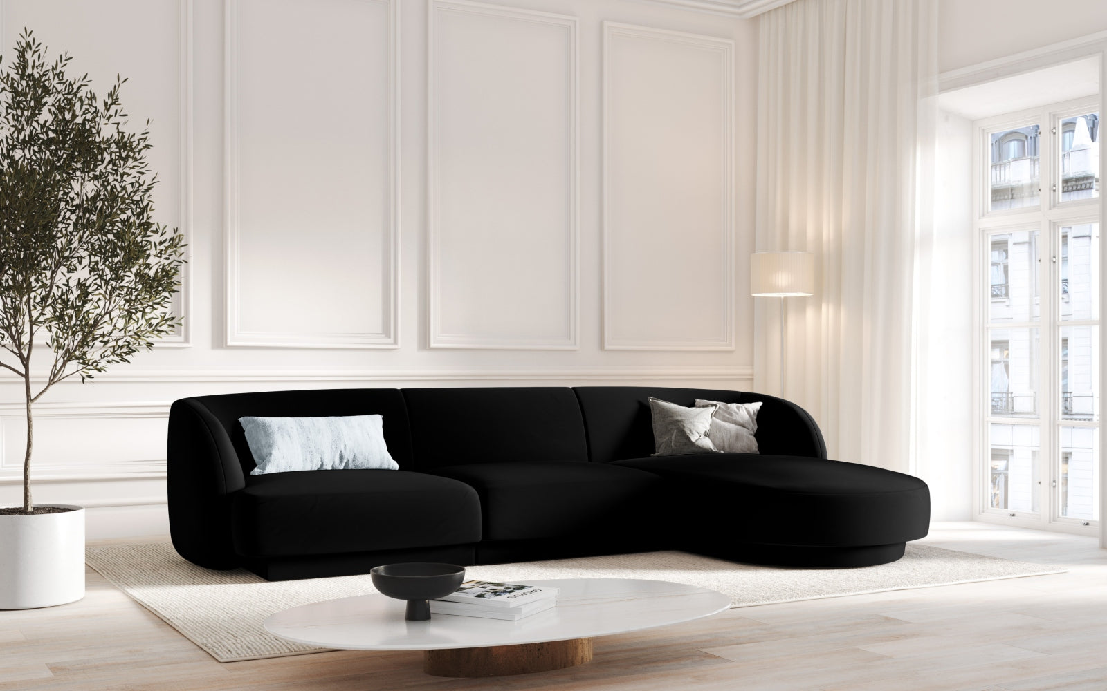 Miley Velour Ecksofa rechts 4 Sitzer in Black präsentiert im Onlineshop von KAQTU Design AG. Ecksofa rechts ist von Micadoni