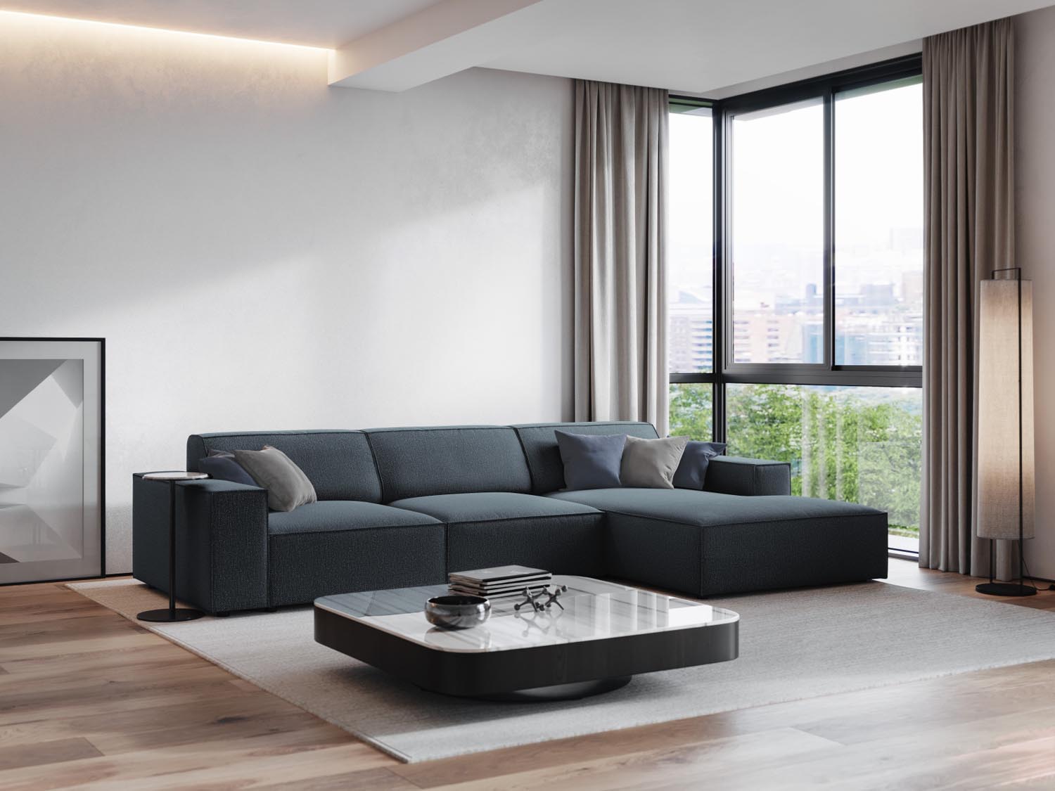 Elegantes, modulares Ecksofa in Blau mit vier Sitzplätzen, ideal für stilvolle Wohnräume. Perfekte Kombination aus Komfort und Design.