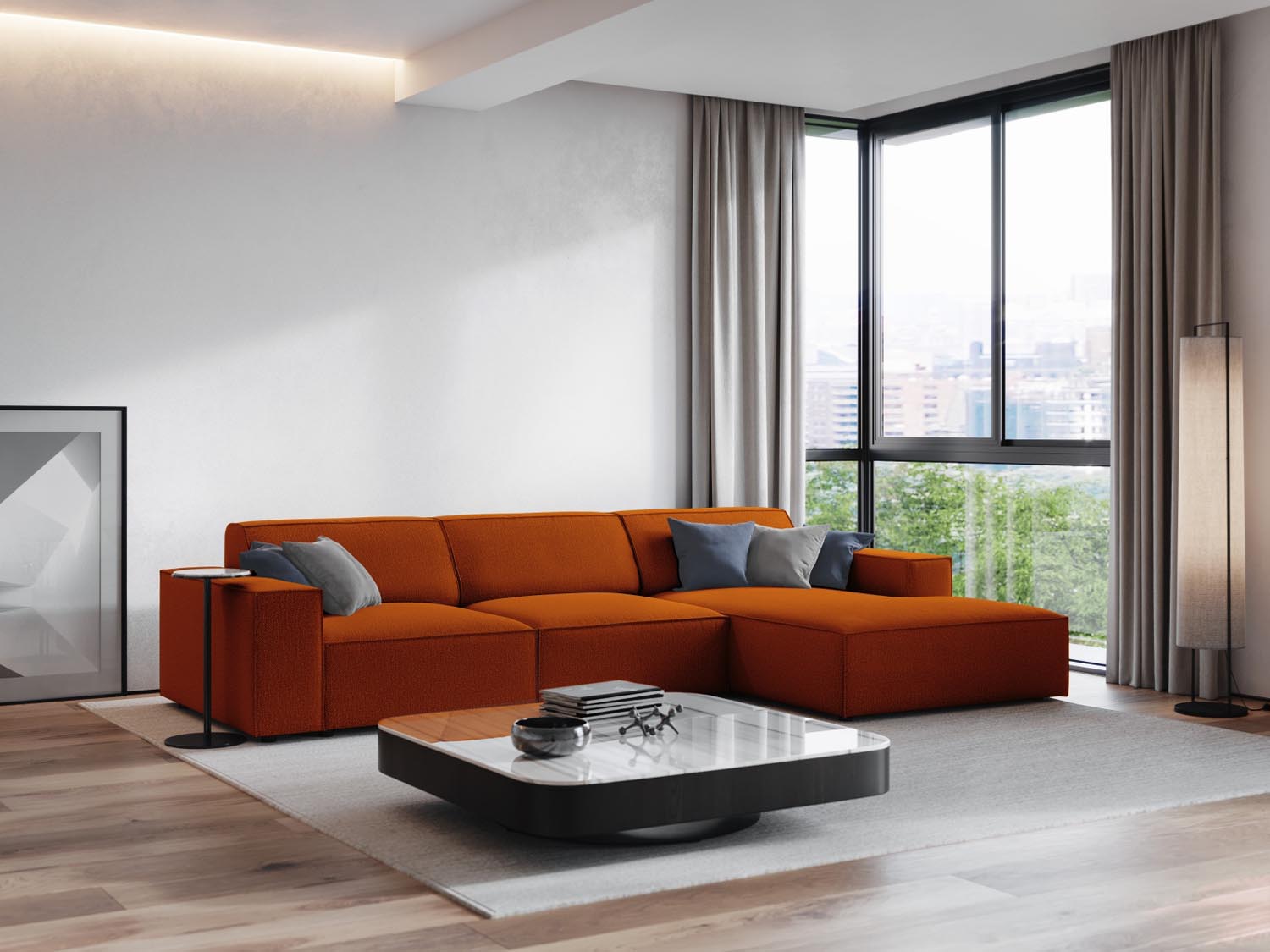 Gemütliches, modernes Ecksofa in Terracotta mit 4 Sitzplätzen, ideal für stilvolle Wohnräume. Perfekte Ergänzung für Ihr Zuhause.
