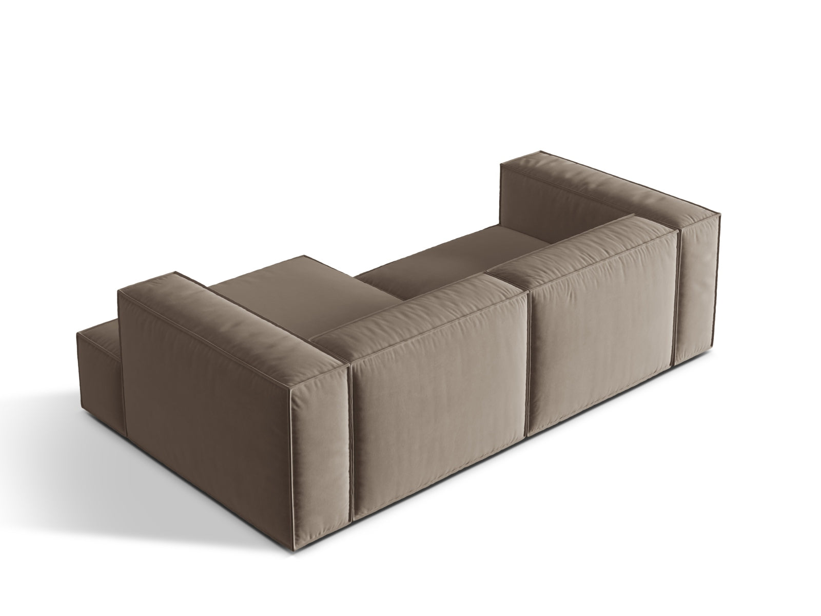 Elegantes Nuria Velour Ecksofa in warmem Grau, 3-Sitzer, rechtsseitig, ideal für stilvolle Wohnräume von Micadoni.