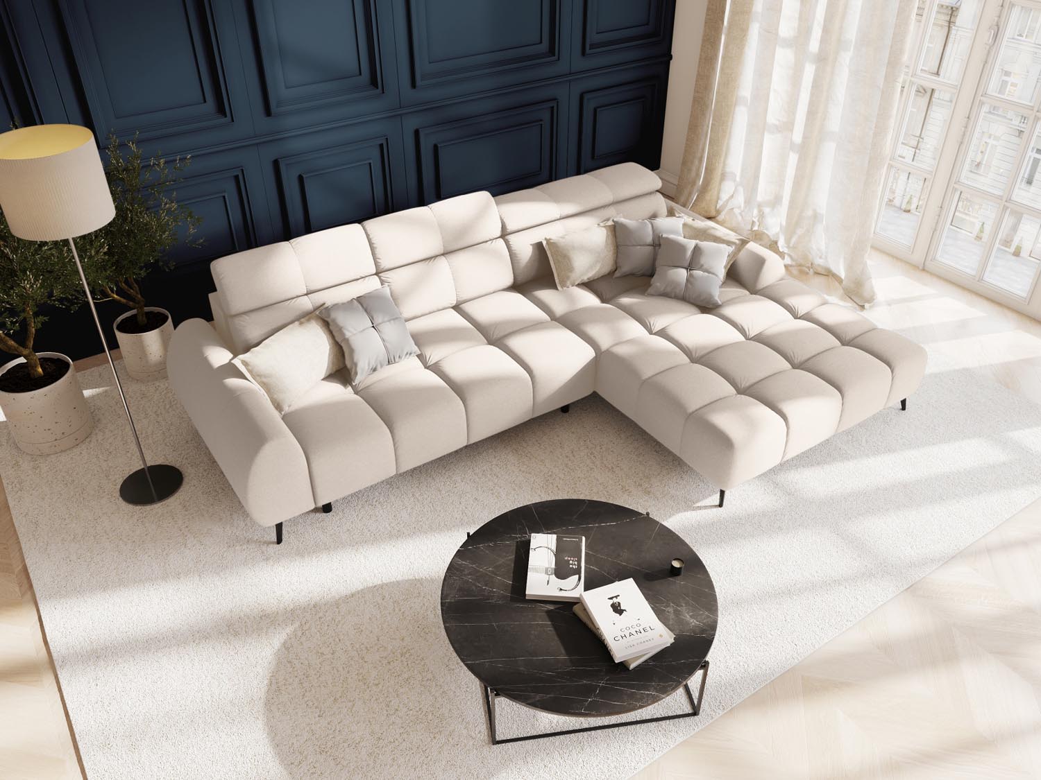 Erleben Sie das Alyse Electric Ecksofa rechts von Micadoni – ein elegantes 5-Sitzer Velours Sofa, das modernen Stil und höchsten Komfort vereint.