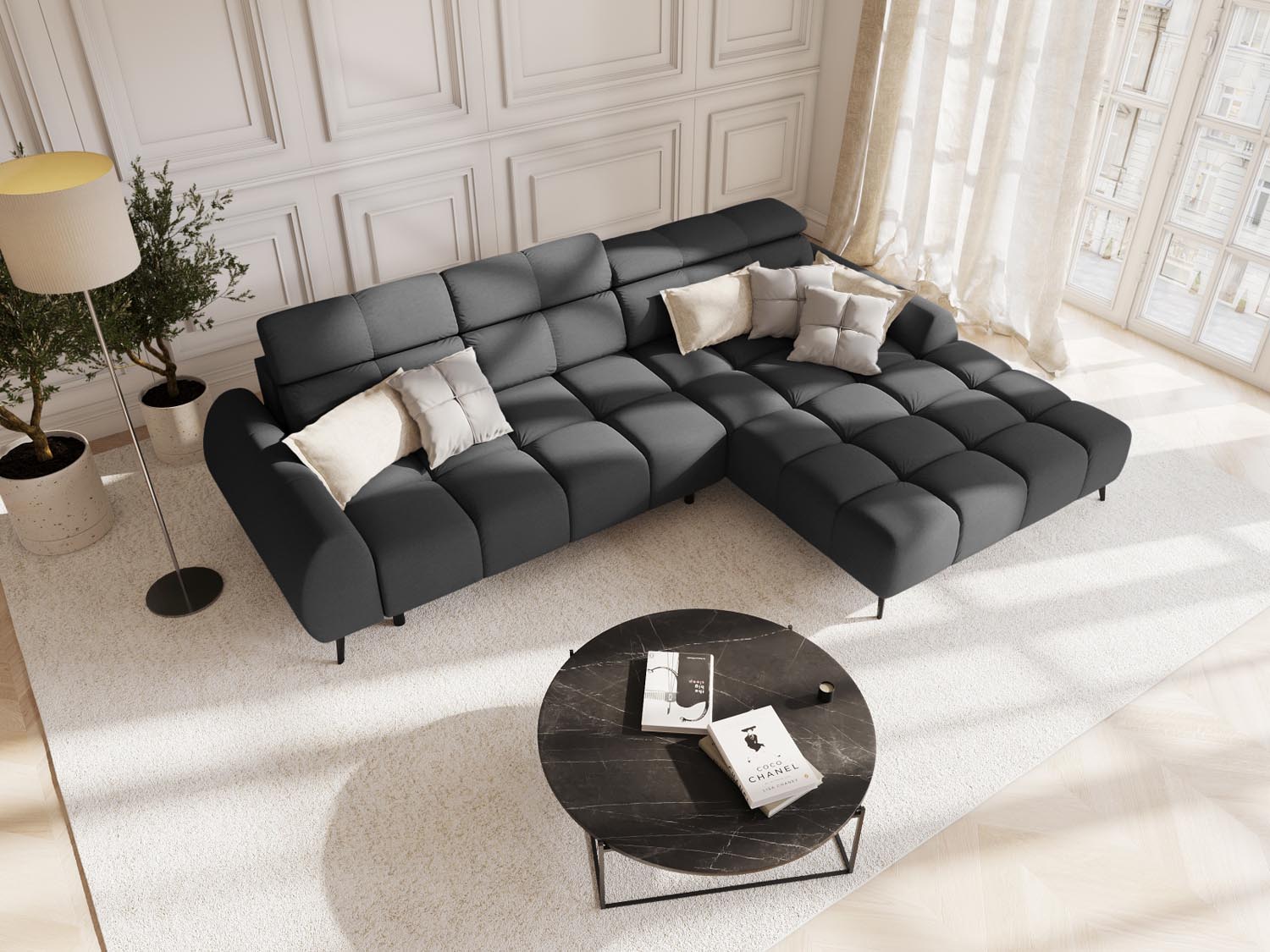 Erleben Sie das Alyse Electric Ecksofa rechts von Micadoni – ein stilvolles 5-Sitzer Sofa aus luxuriösem Velours, das höchsten Komfort und Eleganz vereint.