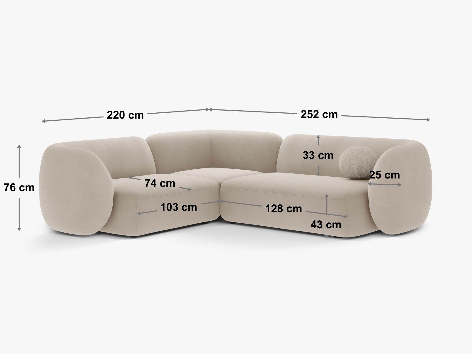 Stylisches 4-Sitzer Ecksofa rechts Kate in sanftem Grau, perfekt für zeitgemäße Wohnkonzepte, angeboten von Micadoni.