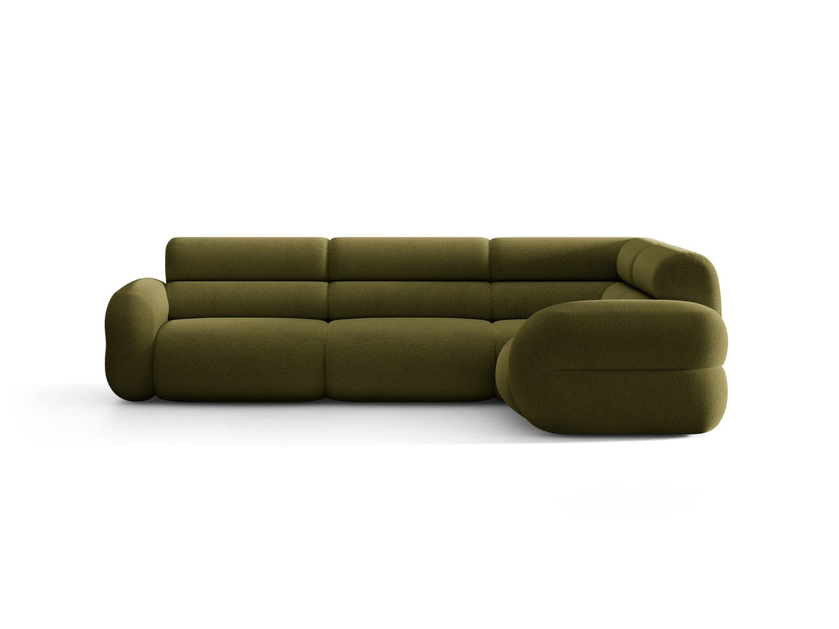 Neo Linkes Ecksofa von Micadoni in dunklem Olivgrün, L-Sofa rechts mit Bouclé-Stoffbezug, hoher Rückenlehne und schwarzen Kunststoffbeinen.