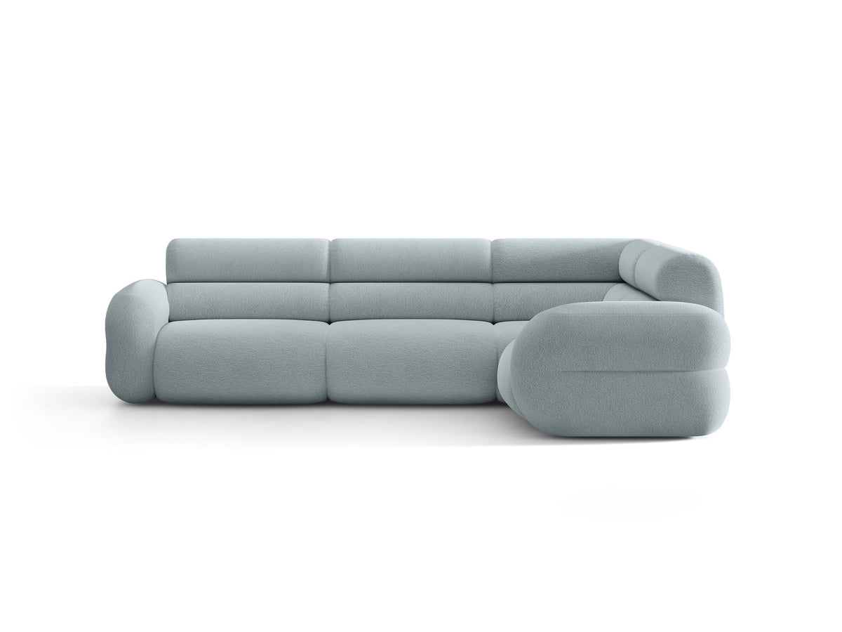 Neo Linkes Ecksofa von Micadoni in dunklem Olivgrün, L-Sofa rechts mit Bouclé-Stoffbezug, hoher Rückenlehne und schwarzen Kunststoffbeinen.