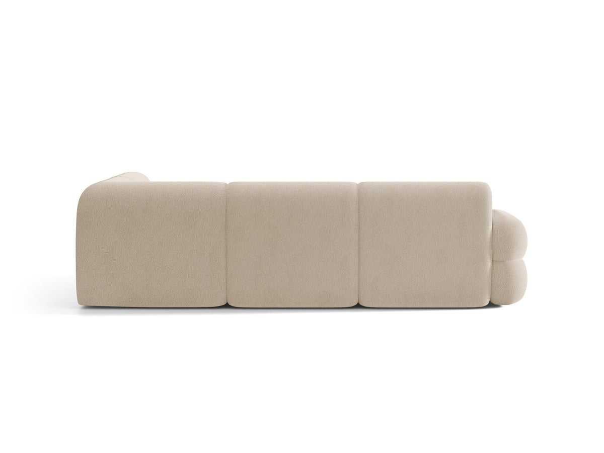 Neo Linkes Ecksofa von Micadoni in dunklem Olivgrün, L-Sofa rechts mit Bouclé-Stoffbezug, hoher Rückenlehne und schwarzen Kunststoffbeinen.