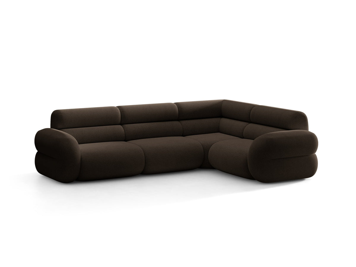 Neo Linkes Ecksofa von Micadoni in dunklem Olivgrün, L-Sofa rechts mit Bouclé-Stoffbezug, hoher Rückenlehne und schwarzen Kunststoffbeinen.
