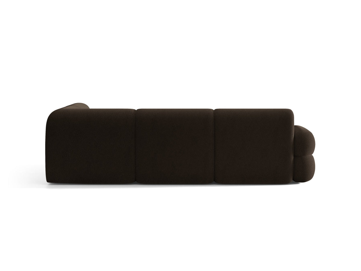Neo Linkes Ecksofa von Micadoni in dunklem Olivgrün, L-Sofa rechts mit Bouclé-Stoffbezug, hoher Rückenlehne und schwarzen Kunststoffbeinen.