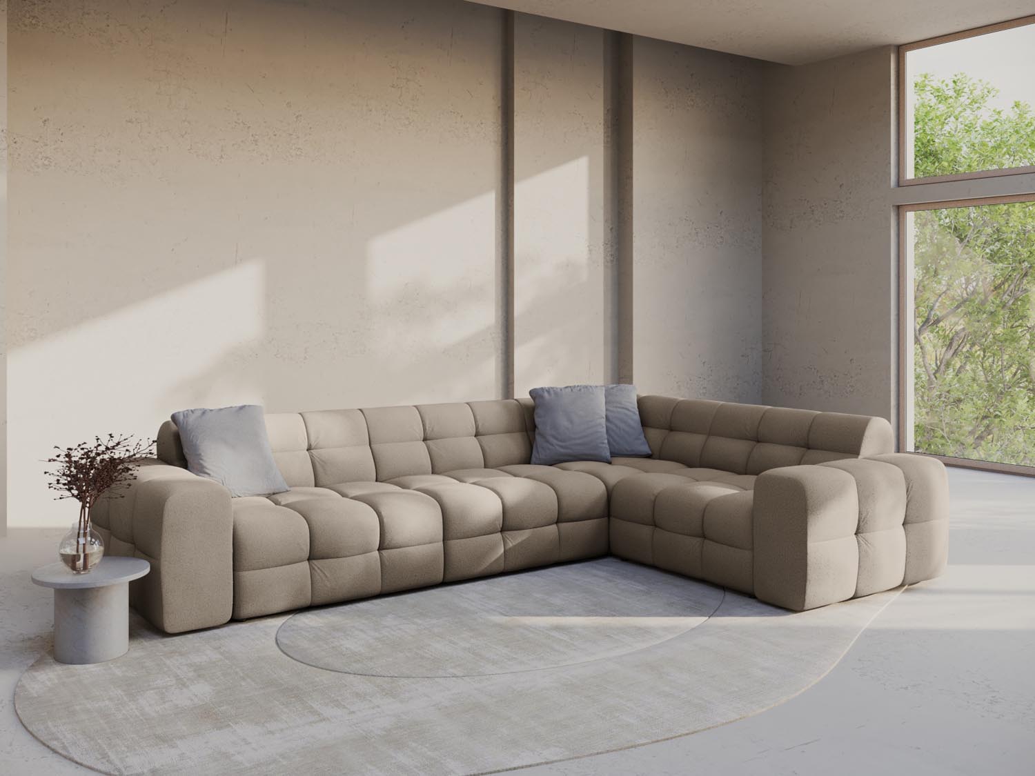 Gemütliches Kendal Ecksofa rechts für 6 Personen in elegantem Dunkelbeige, ideal für stilvolle Wohnräume.
