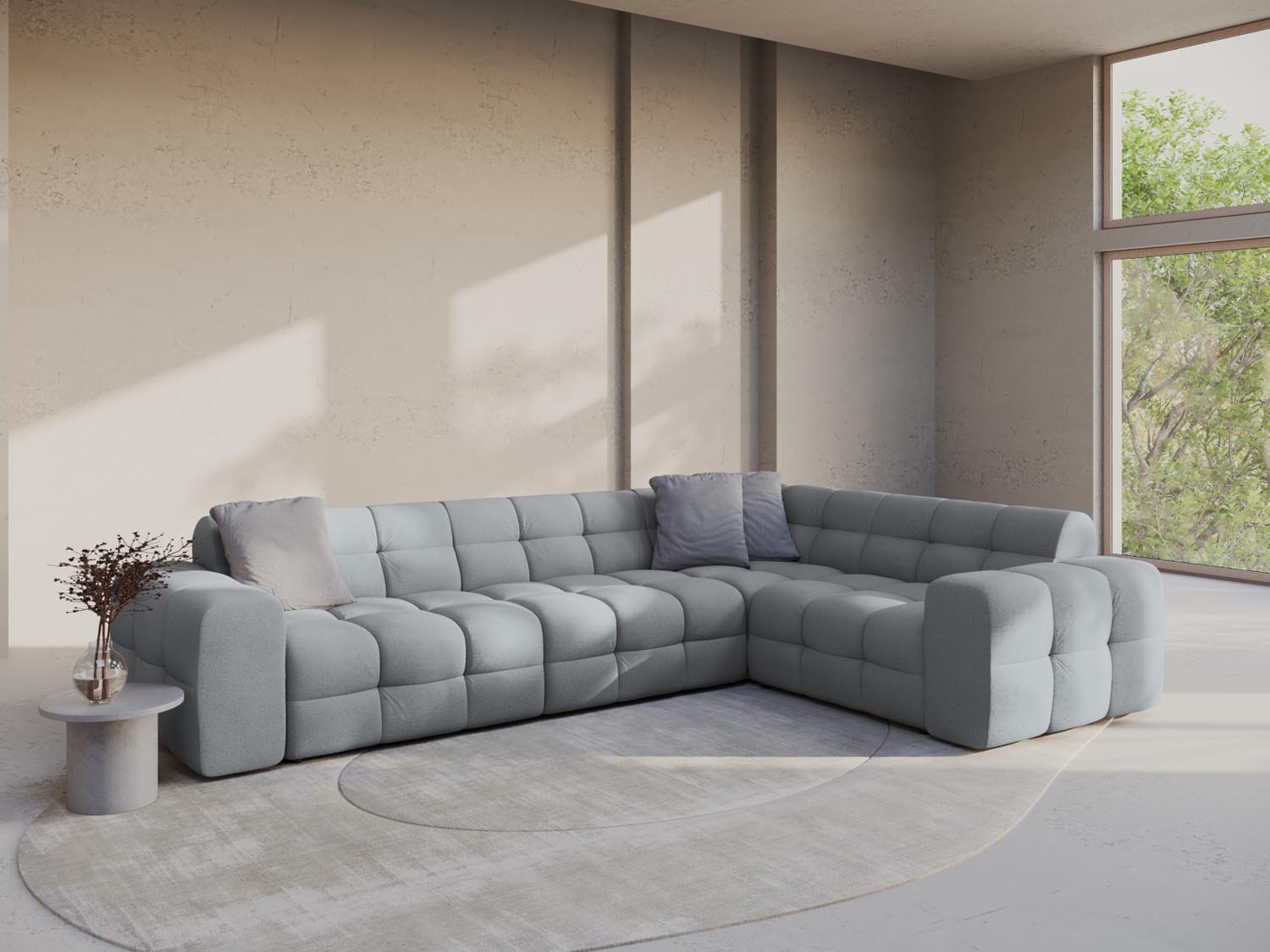 Elegantes Kendal Ecksofa rechts für 6 Personen in stilvollem Platinum-Ottawa, ideal für moderne Wohnräume.