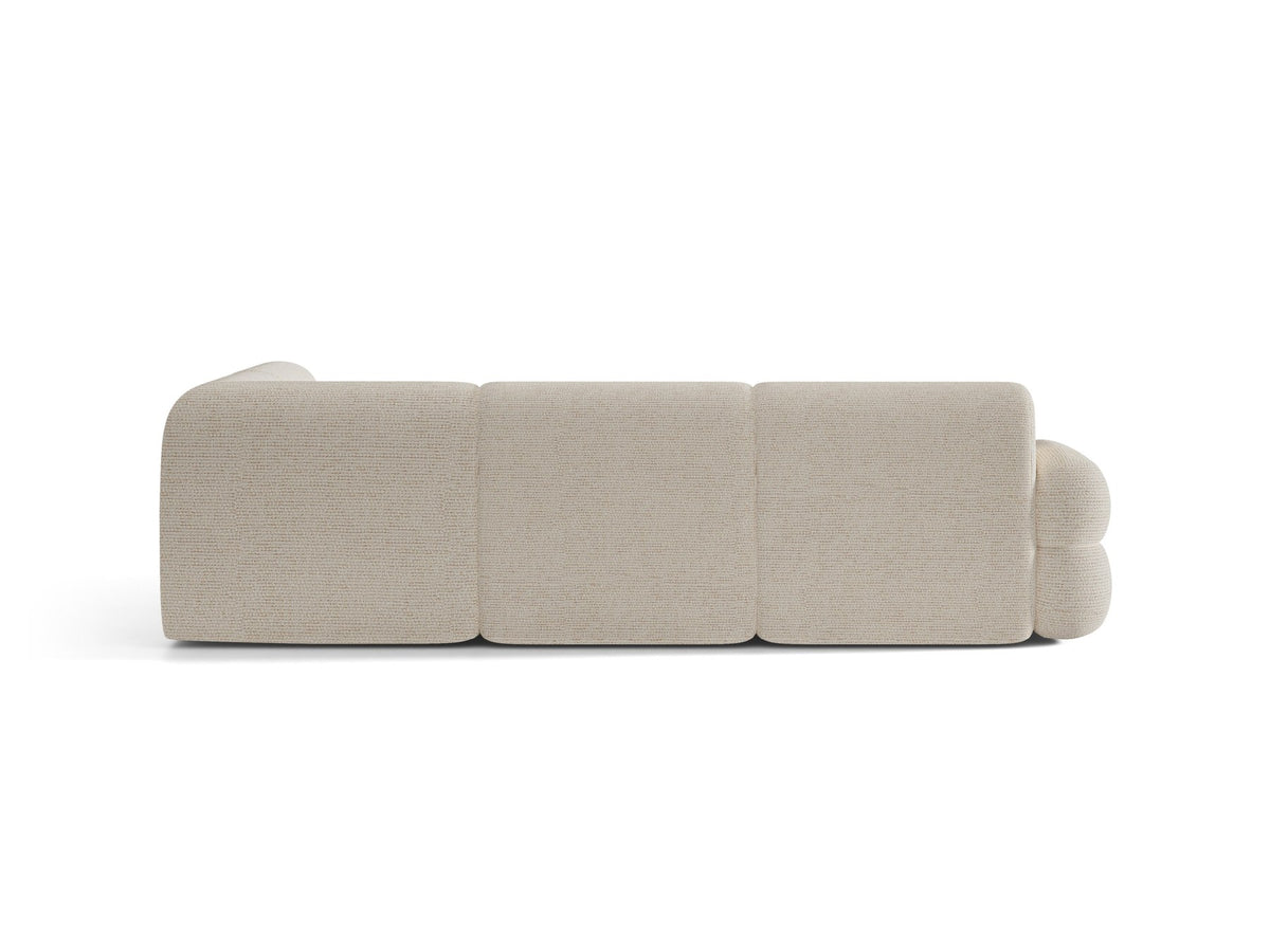 Neo Linkes Ecksofa von Micadoni in dunklem Olivgrün, L-Sofa rechts mit Bouclé-Stoffbezug, hoher Rückenlehne und schwarzen Kunststoffbeinen.