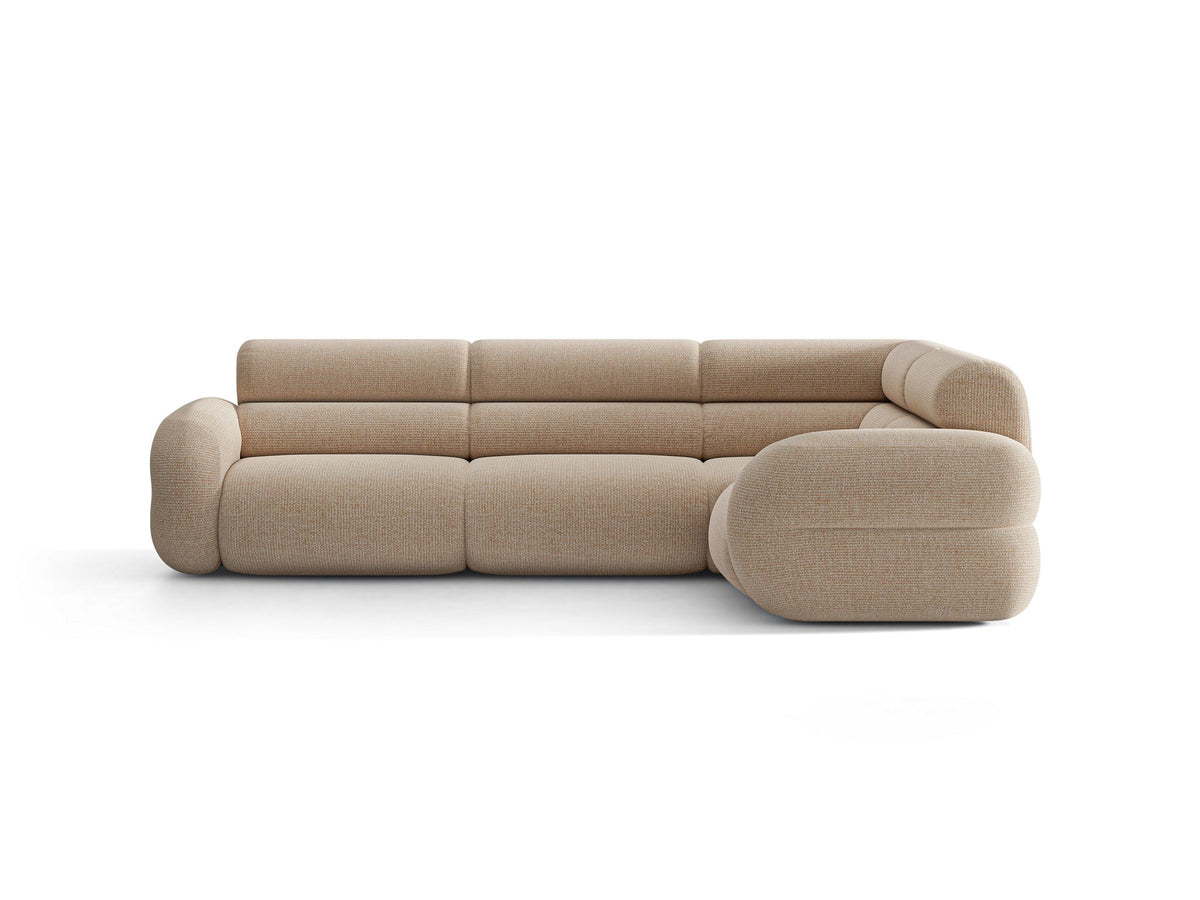 Neo Linkes Ecksofa von Micadoni in dunklem Olivgrün, L-Sofa rechts mit Bouclé-Stoffbezug, hoher Rückenlehne und schwarzen Kunststoffbeinen.